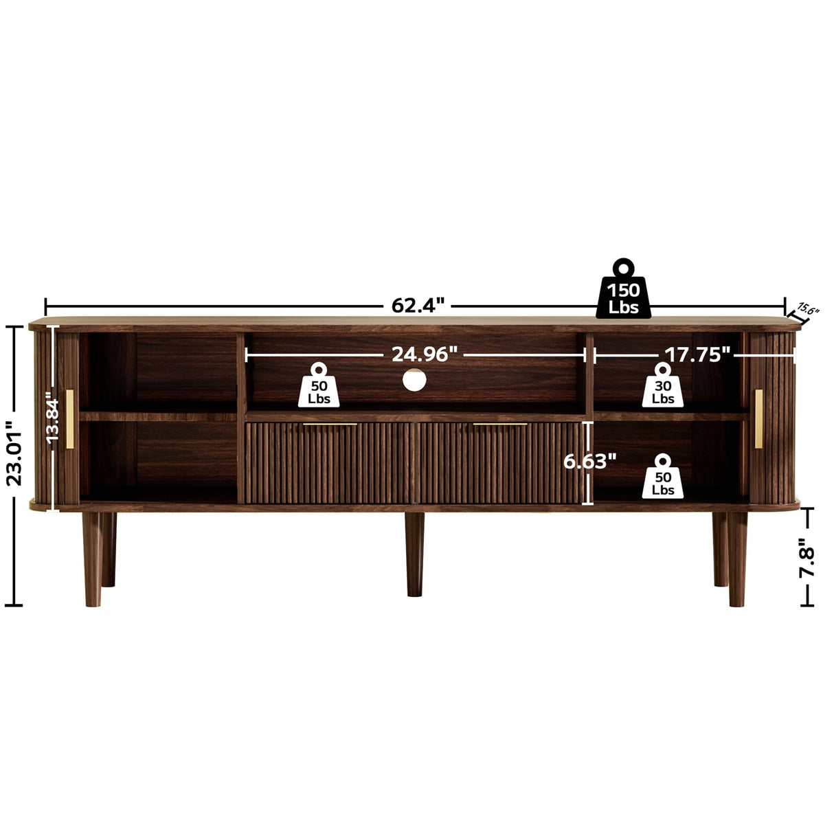 DAMCROP TV Stand 62.4 Inch Mid Century Modern Media Console Table with Drawer Shelves Sliding Tambour Door Farmhouse Sideboard Buffet Cabinet Fits TVs up to 75 inch Fluted Wood Entertainment Center DAMCROP