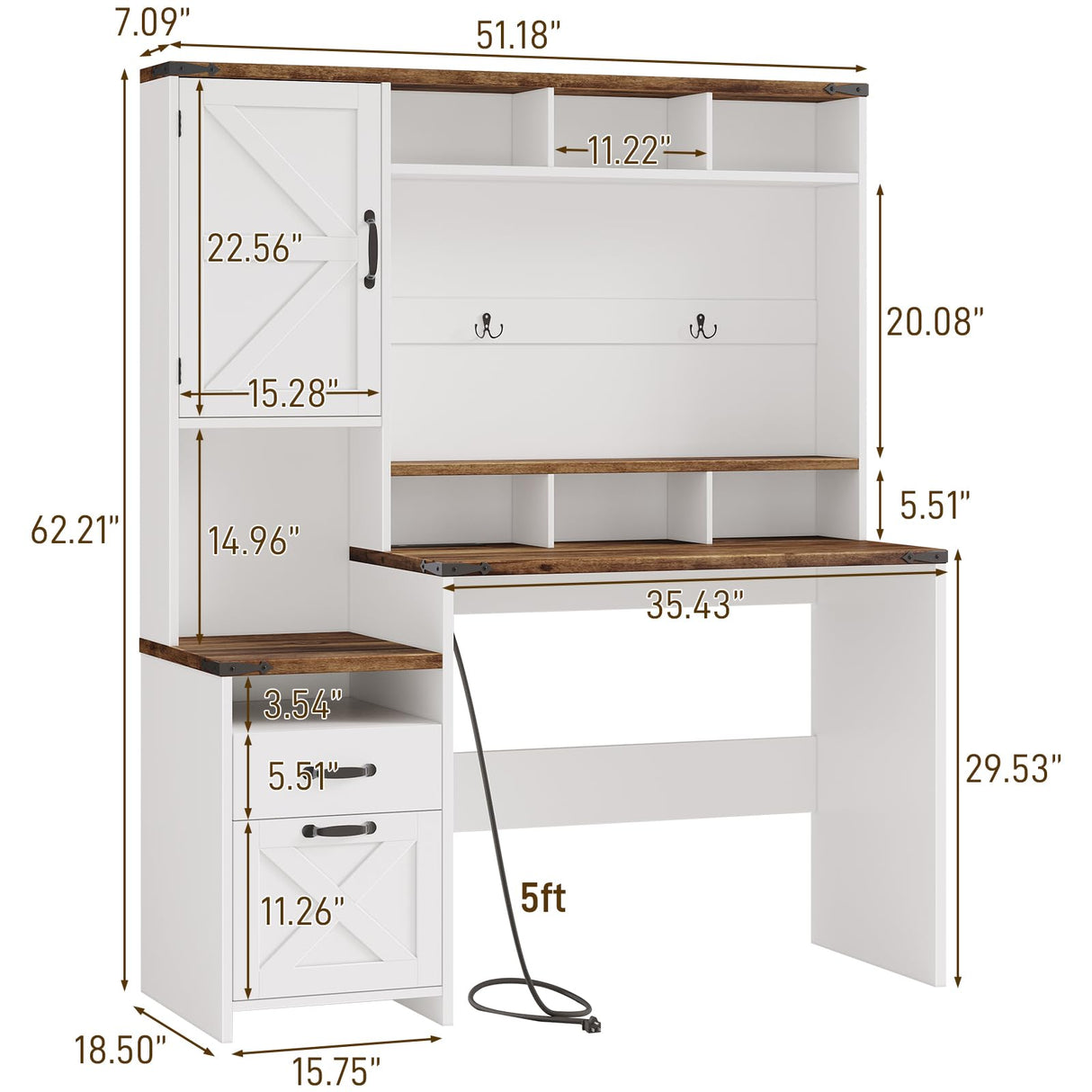 Farmhouse Executive Desk 51" Computer Desk with 2 Drawers Storage Cabinet and RGB LED Lights Power Outlets, Wood Home Office Desk with Hutch and Monitor Stand for Work Study Writing Halitaa