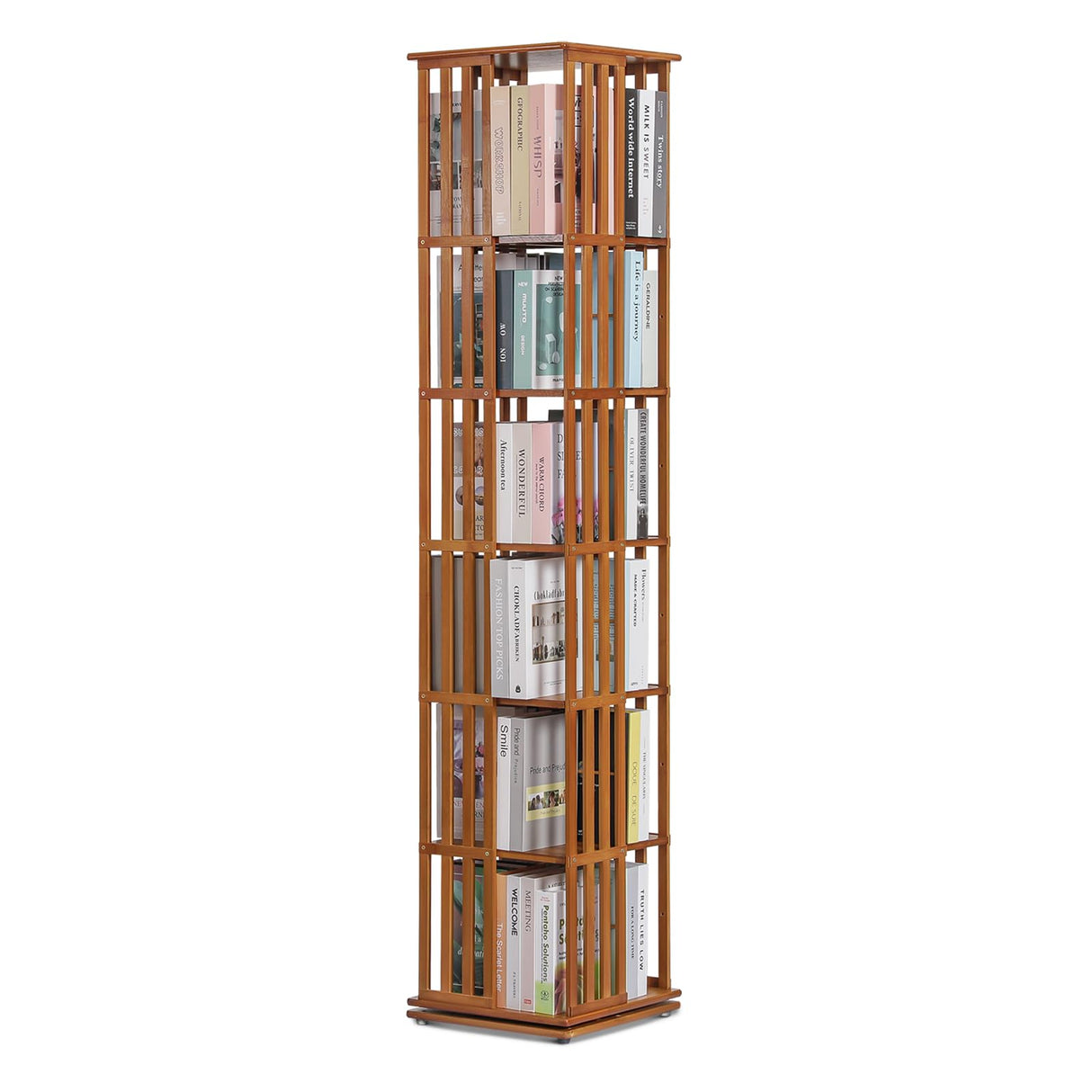 Athena Collection Rotating Bamboo Bookshelf, 6-Tier Floorstanding Corner Bookcase, 360-Degree Modern Open Book Storage Rack for Living Room Bedroom Office Furniture, Brown Athena Collection