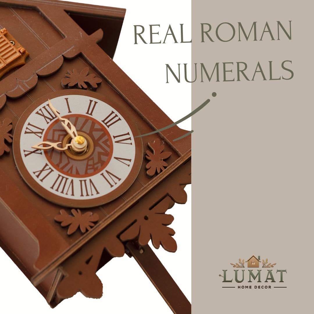 Lumat Cuckoo Clock - Modern Brown Cuckoo Clocks for Wall - Natural melodies - Volume Control - Night Mode - Perfect for Adults, Kids and Families - Battery Powered Lumat