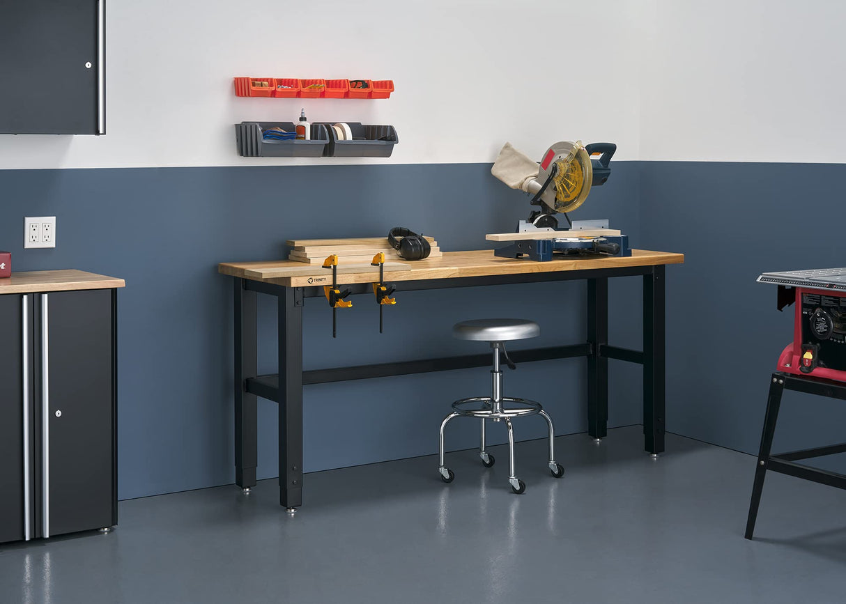TRINITY Heavy Duty Wood Top Work Bench Adjustable Height Utility Table with Powder Coated Steel Frame for Commercial, Industrial, and Home TRINITY