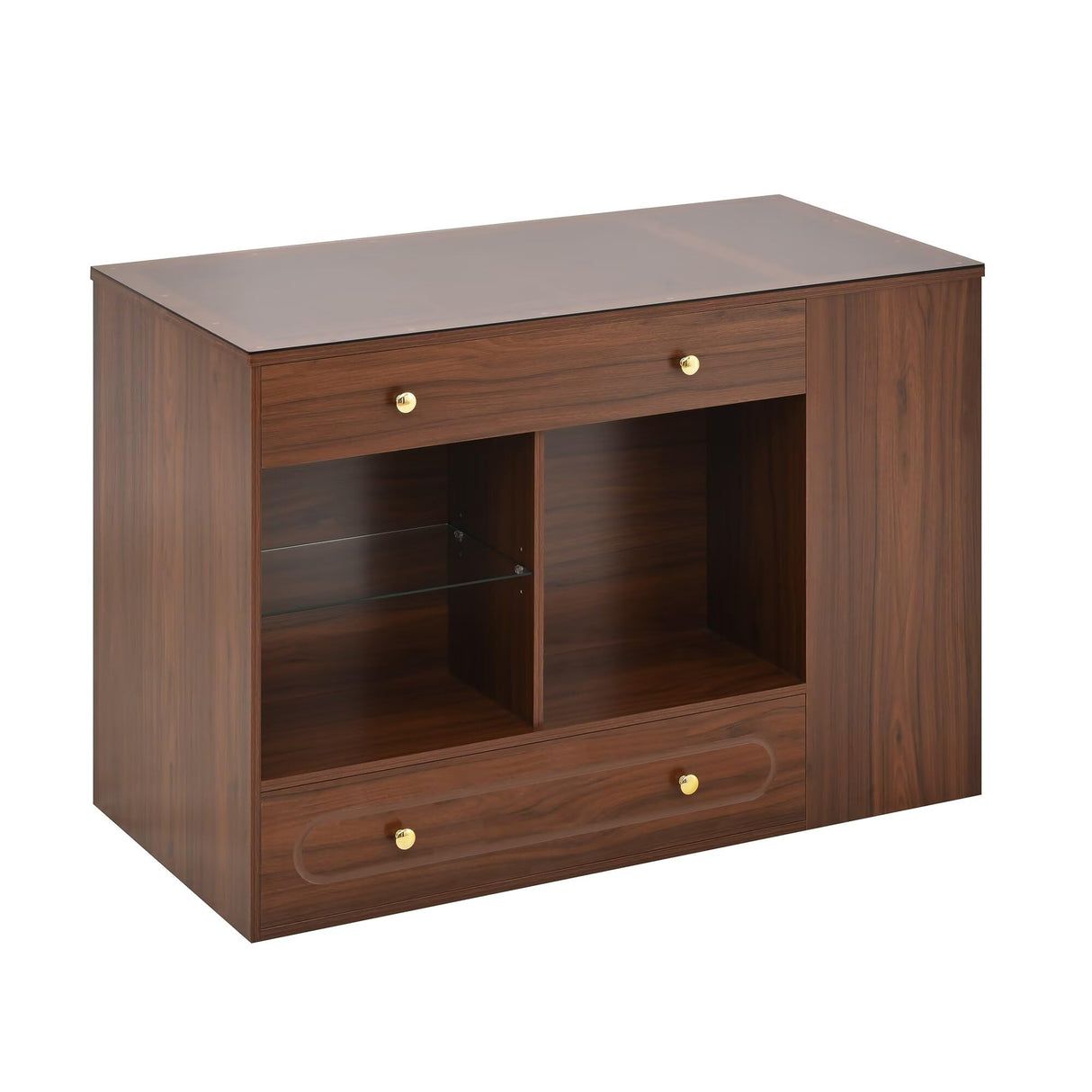 47.3" Closet Island with 6 Drawers Table, Wardrobe Armoire Island with Glass Display Top and Open Shelves, Jewelry Storage Vanity Island with compartments, Walk-in Closet Island for Cloakroom,Walnut JIJIWANG