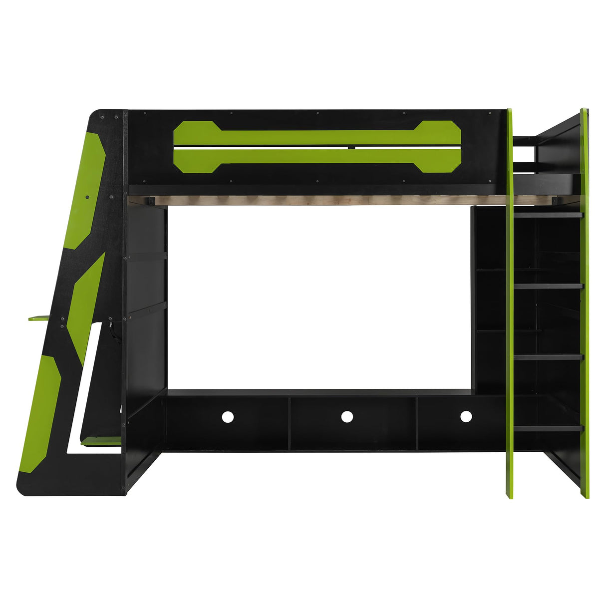 HZSMHDZKJ Full Size Esports Style Loft Bed with Desk, Multi-Storage Shelves, LED and Charging Station, Wooden Gaming Loft Bed Frame with Ladder and Safety Guardrail for Kids Teens Adults (Green) HZSMHDZKJ