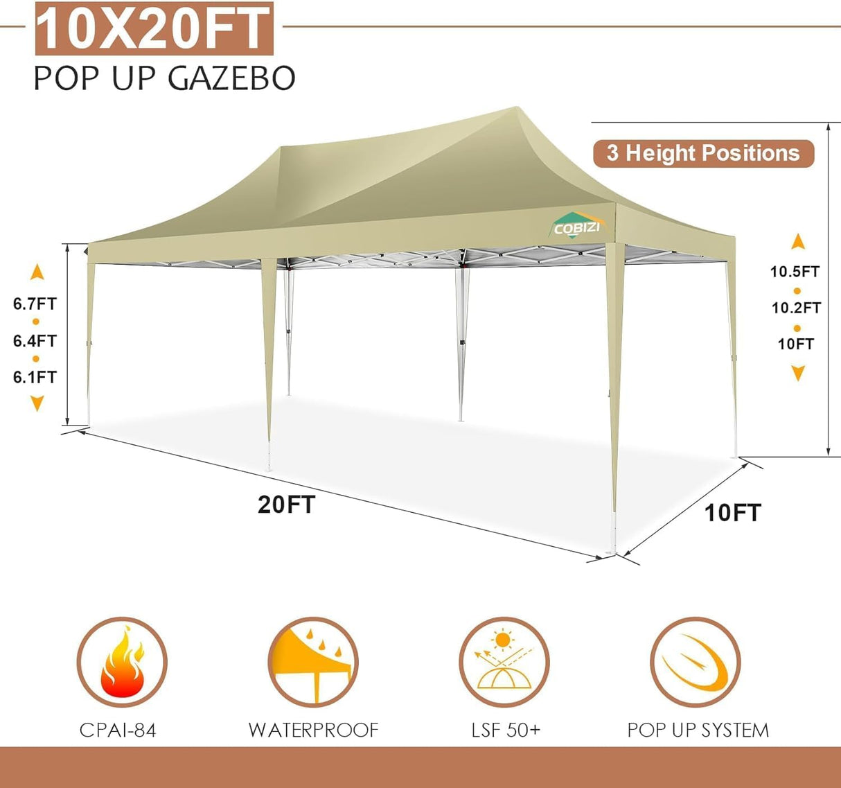 COBIZI 10x20 Pop Up Canopy Tent with Sidewalls,Party Tent Outdoor Gazebos, Waterproof & UV50+,3 Adjustable Heights,Higher Frame Design - Extra Tall for Parties Backyard,Weddings,Markets,(Khaki) COBIZI