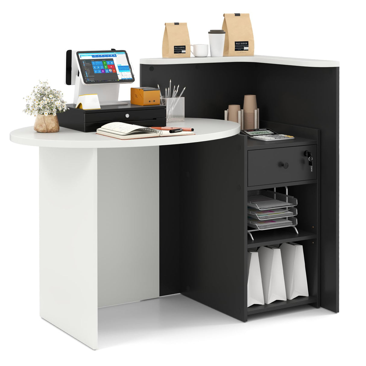 IFANNY Reception Desk, 48’’ Retail Counter w/Lockable Drawer & Storage Shelf, L-Shaped Reception Table, Wooden Computer Desk for Salon, Restaurant, Office (Black) IFANNY