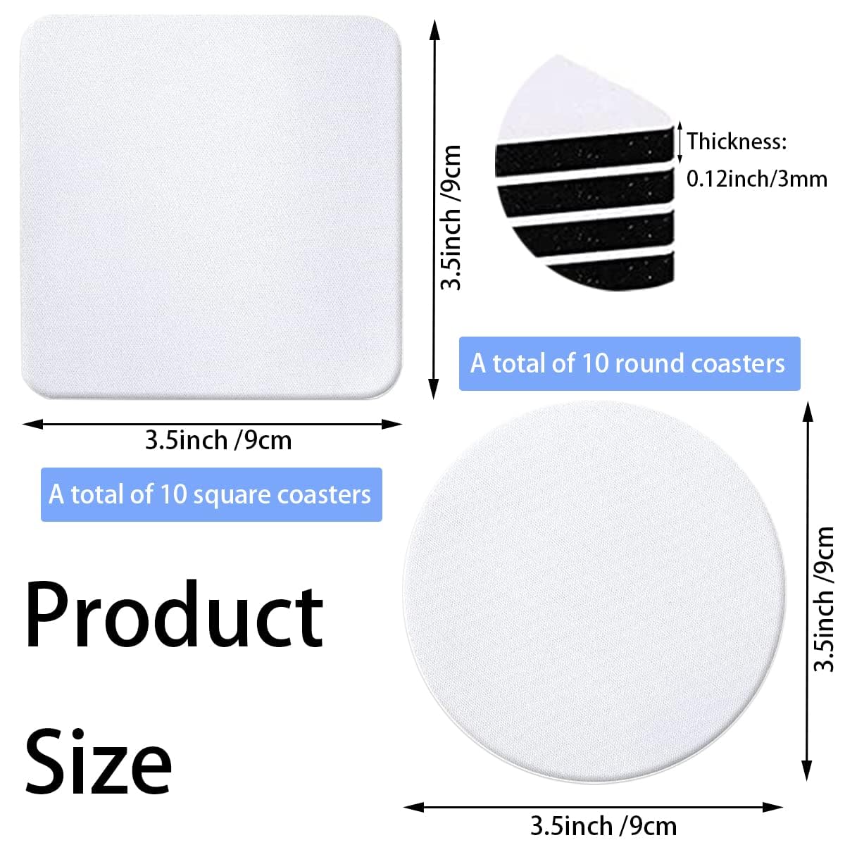 20 Pieces Square and Round Sublimation Coaster Blanks Cup Mat Rubber Heat Transfer Press Printing for DIY Home Kitchen Decor (3.5x3.5x0.12Inch) White REDANHA