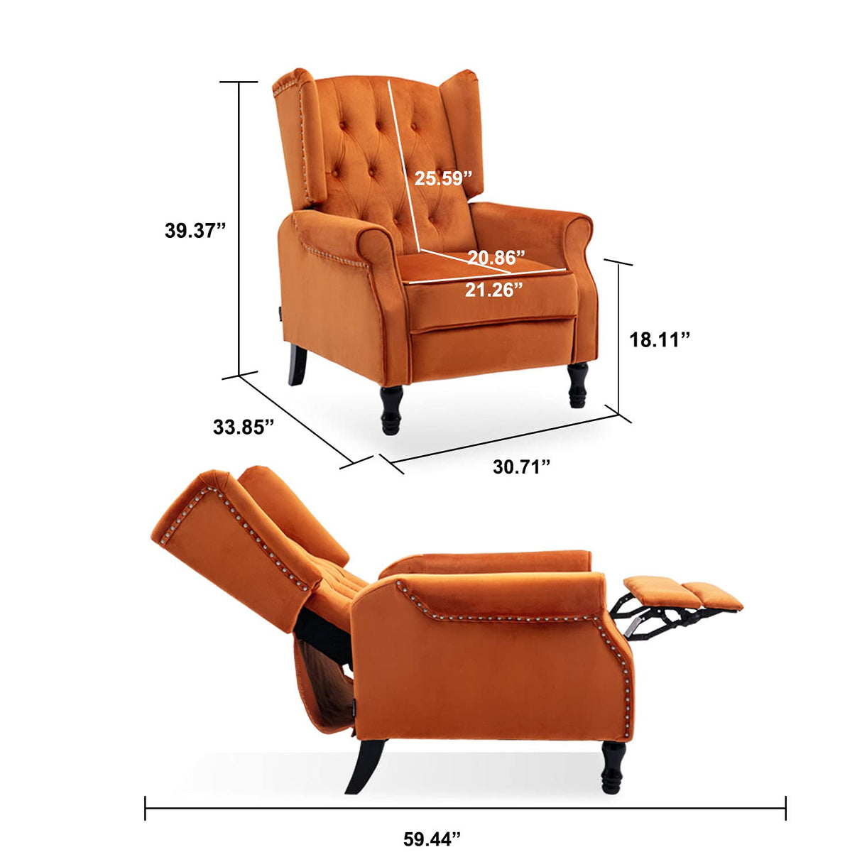 Altrobene Velvet Accent Chair, Push Back Recliner Chair, Wingback Arm Chair for Living Room/Bedroom/Home Theater/Reception Area, Caramel Altrobene
