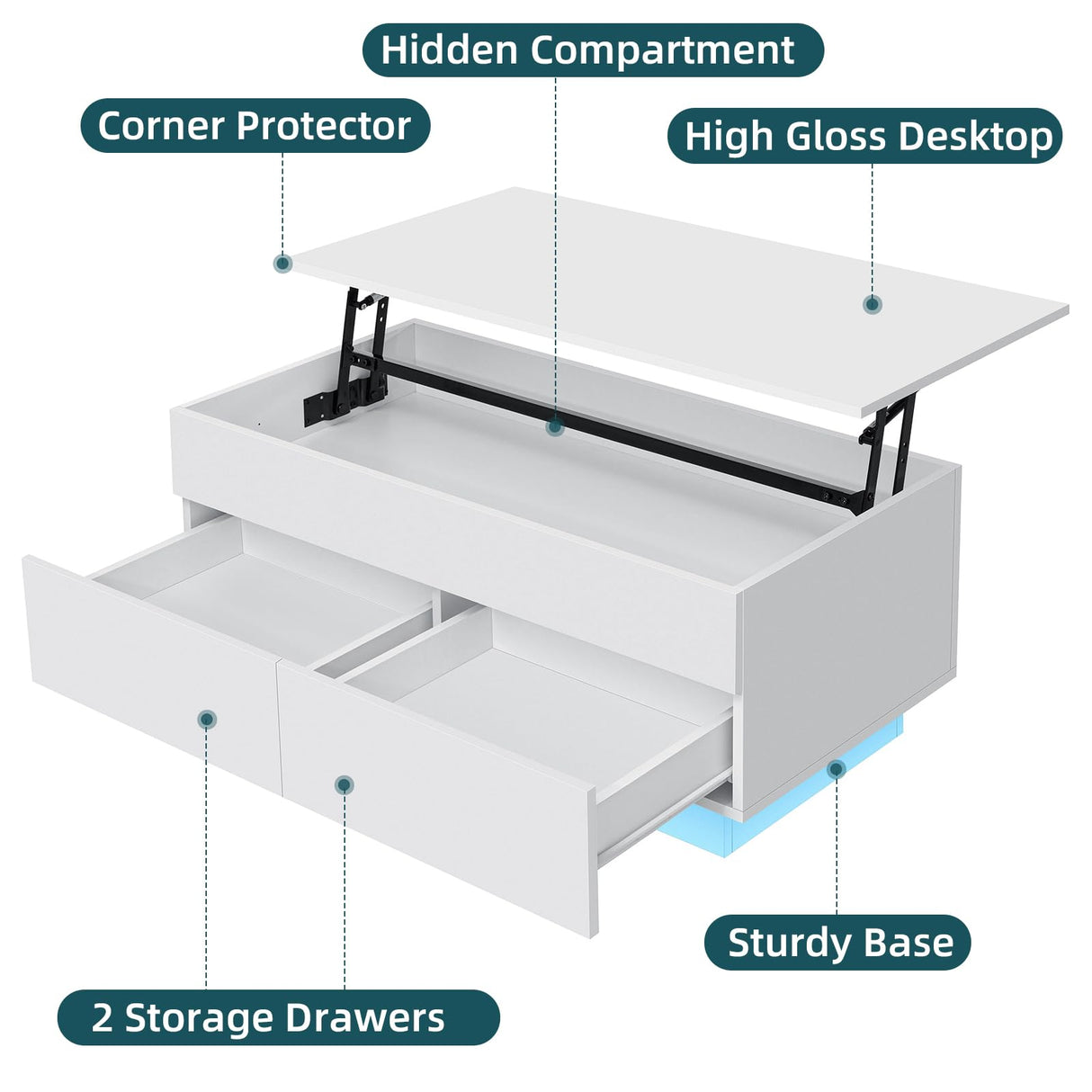 HOMMPA 40'' Lift Top Coffee Table for Living Room, White Coffee Tables with Storage, LED Modern Coffee Table Rectangular White Gloss, Flip Top Center Table with 2 Drawers and Hidden Compartment HOMMPA