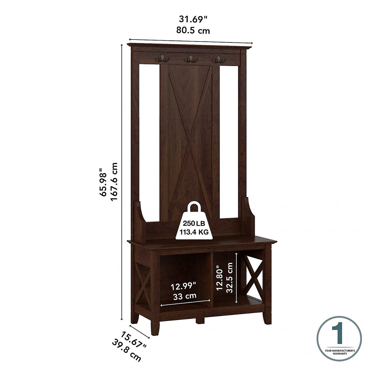 Bush Furniture Key West Hall Tree with Shoe Storage Bench in Bing Cherry, Entryway Organizer for Home, Multi-Purpose Storage Solution with Seating and Hooks Bush Home