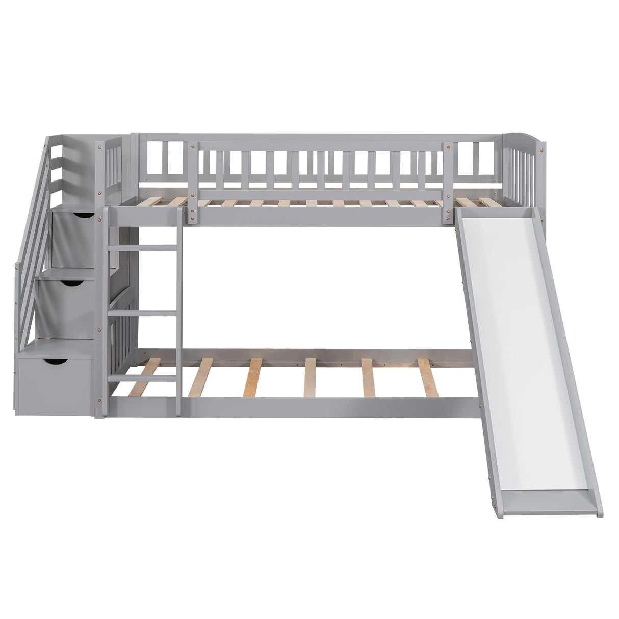 Twin Over Twin Bunk Beds with Slide, Low Bunk Bed Frame with Storage Drawers Stairway Wood Bunk Bed with Slide for Kids Boys Girls, Gray Finish Bellemave