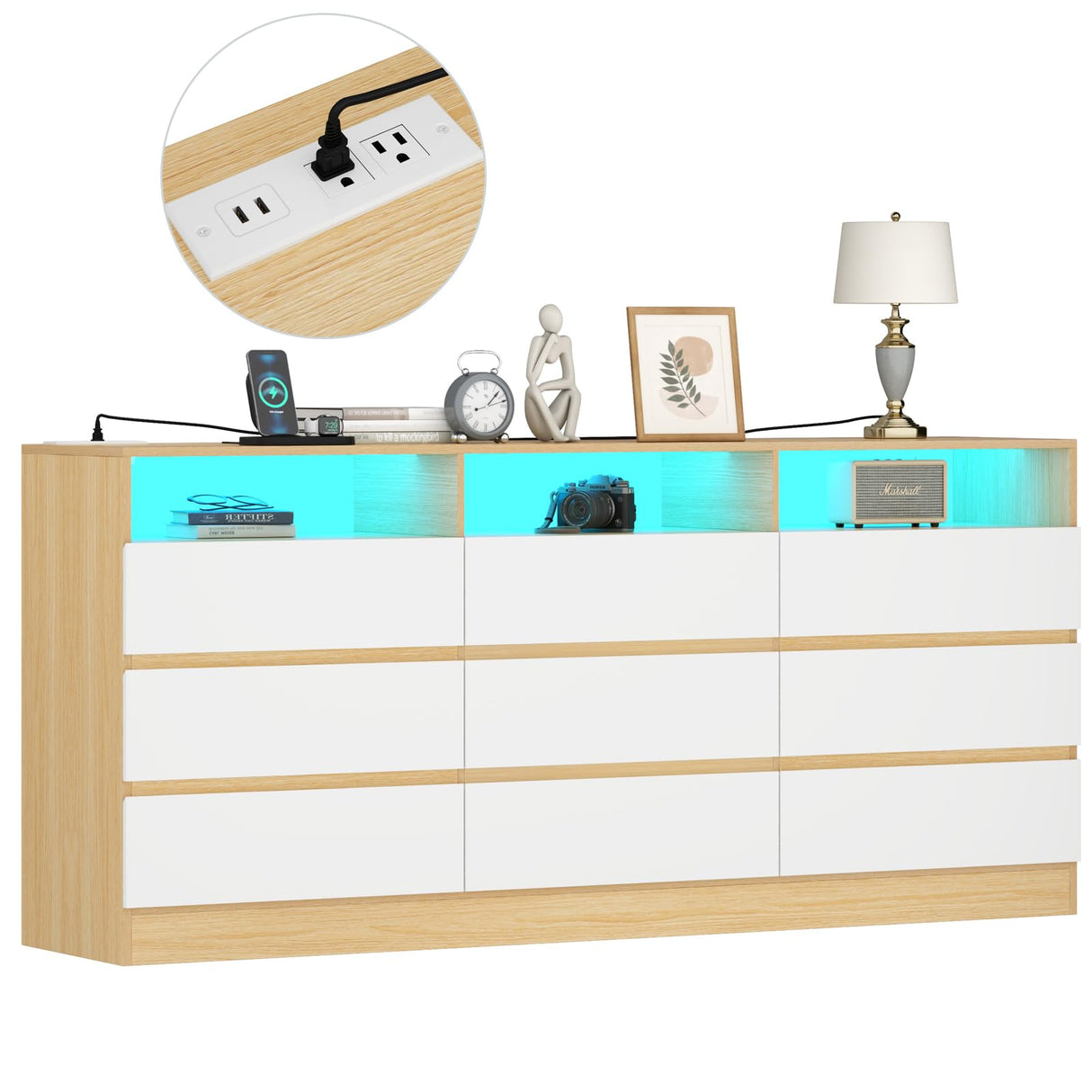 Auromie 6 Drawers Dresser, Double Modern Chest of Drawers with Power Outlet, Dresser TV Stand with Led Light Strip, Drawer Organizer for Bedroom, Living Room, Hallway (Light Walnut + White, 9 Drawer) Auromie