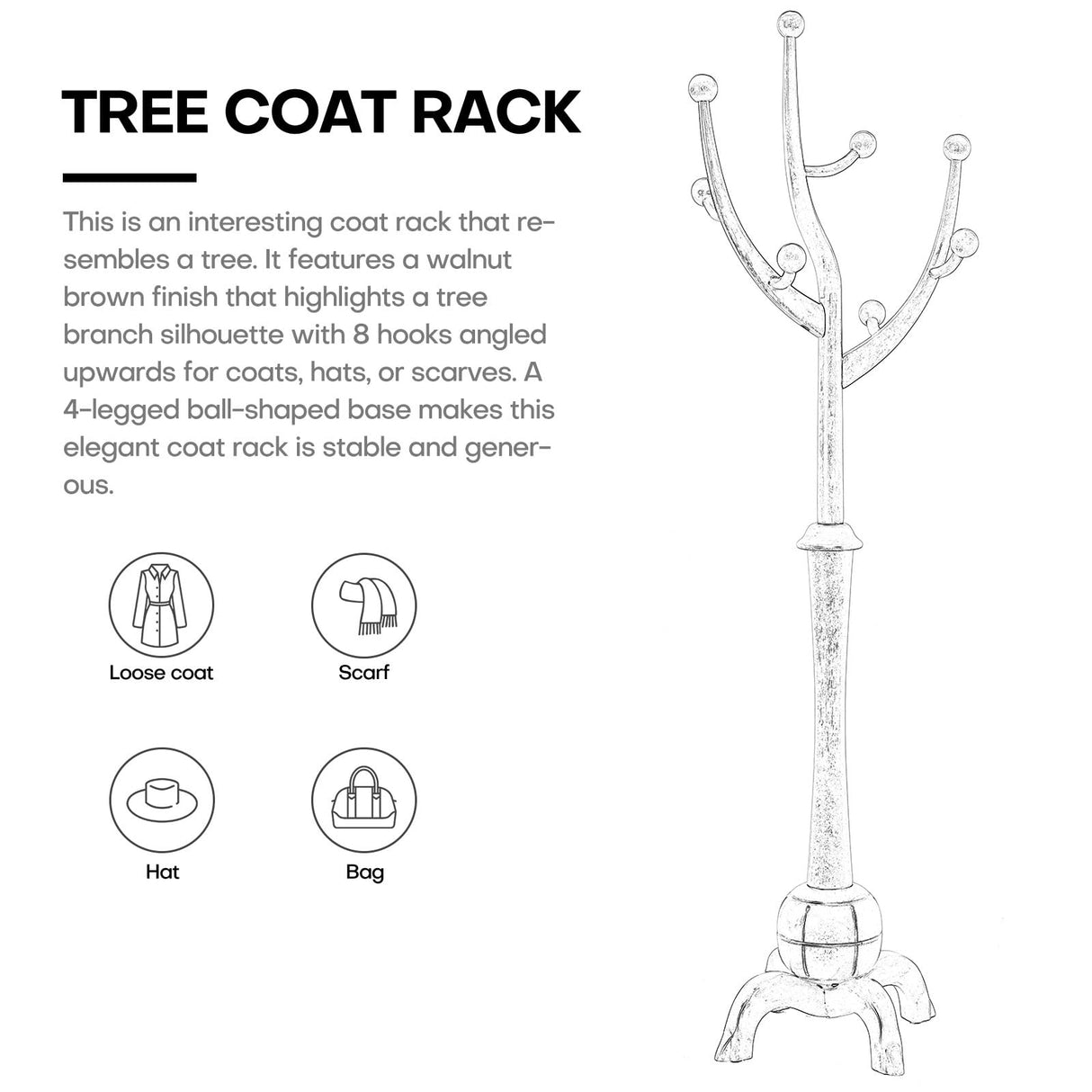 Heavy Duty Coat Rack Freestanding Wood Tree Rack with 8 Hooks, Unique Design Tree Branch-look, Premium Coat Tree Clothes Hanger Stand with Sphere Base for Entryway, Hallway, Bedroom-Load 160lbs Black Bekrvio