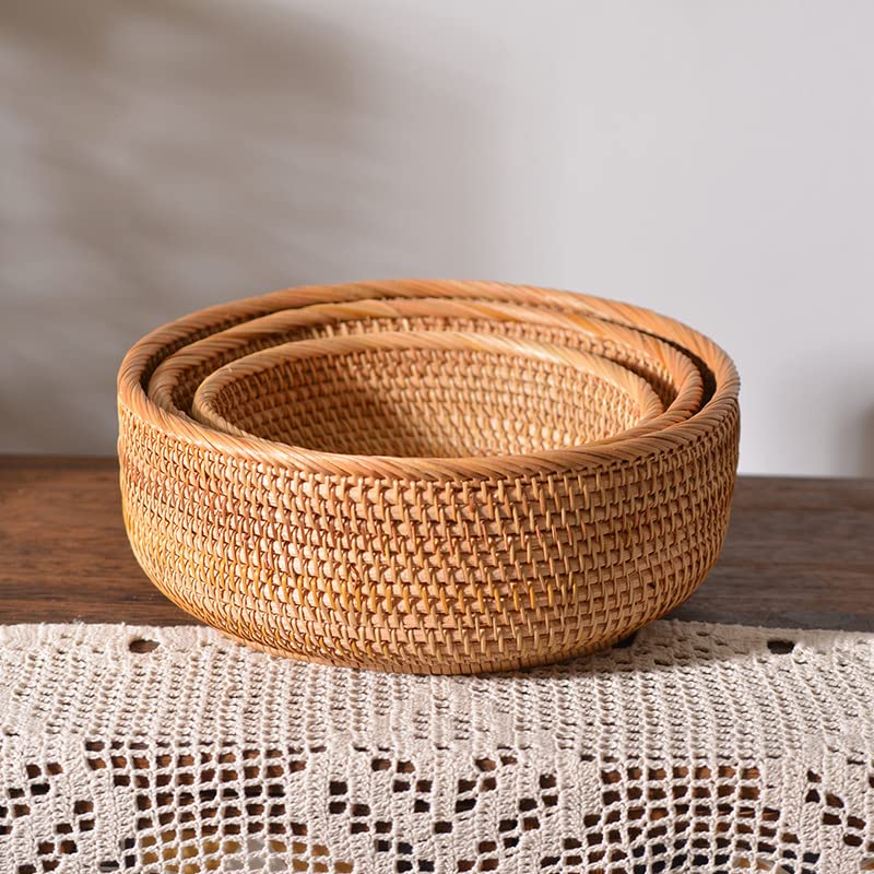 Rattan Bread Basket, Hand Woven Fruit Basket, Wicker Serving Basket Bowl, Decorative Baskets for Kitchen Counter Organizing, Set of 3 (Round) XIMISISE