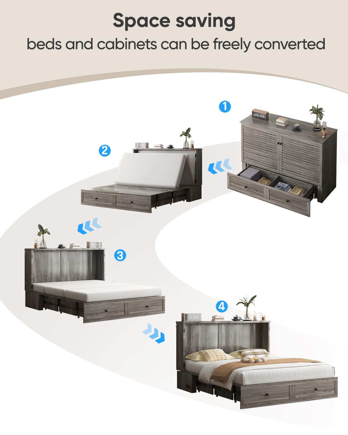 ADOWORE Queen Size Murphy Bed with Mattress Included, Cabinet Bed with Charging Station & Large Storage Drawer, Hideaway Full Foldable Platform Bed for Home Office or Guest Bedroom, Living Room,Grey ADOWORE