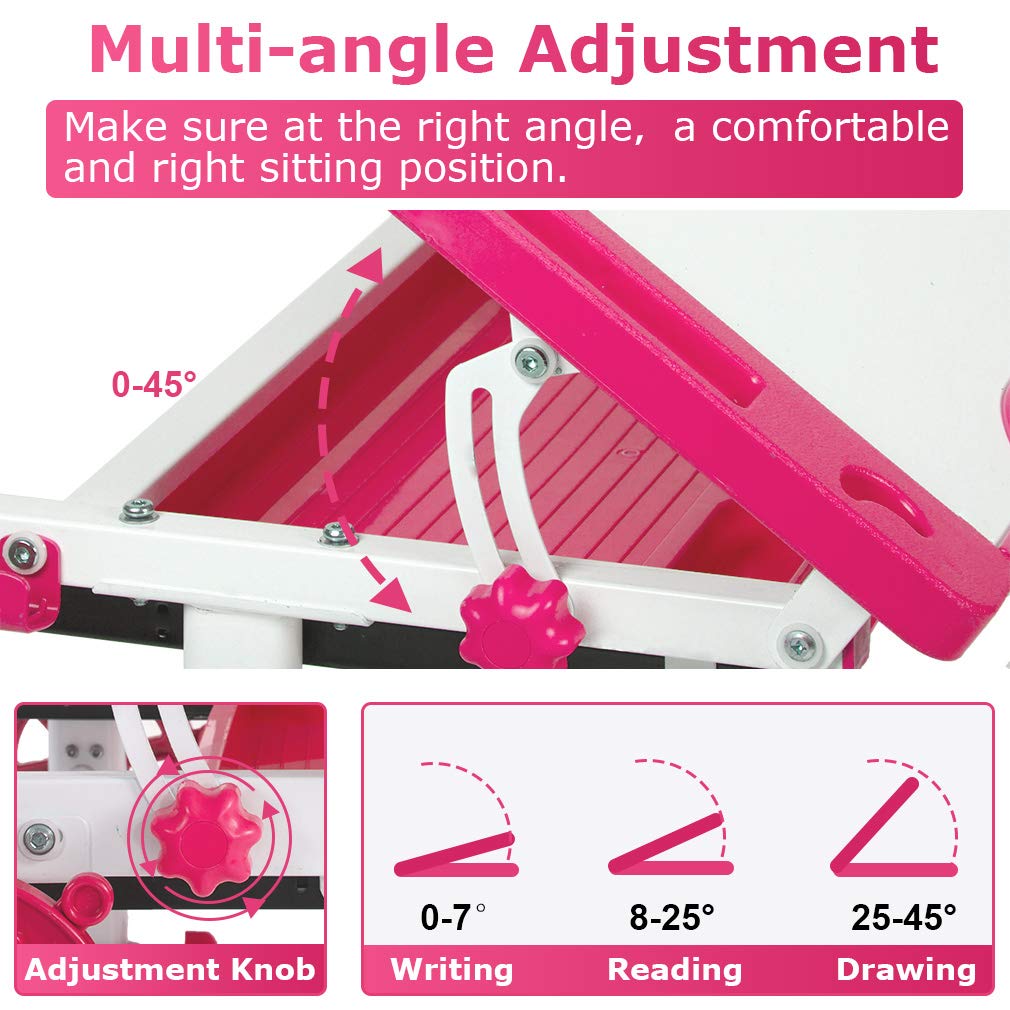 FDW Kids Desk Children Writing Student Desk Drafting Table Height Adjustable Study Table and Chair with Drawers Storage,Pink FDW