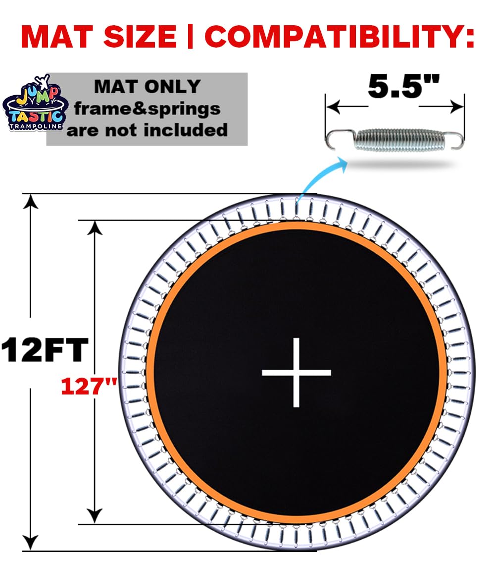 Jump Tastic Trampoline Trampoline Mat, Fits 12 ft Frame, with 72 V-Rings Fits 5.5 inch, Trampoline Replacement Mat (Mat Dia:127in), Reinforce, UV-Resistant, with Spring Hook and Gloves Jump Tastic Trampoline