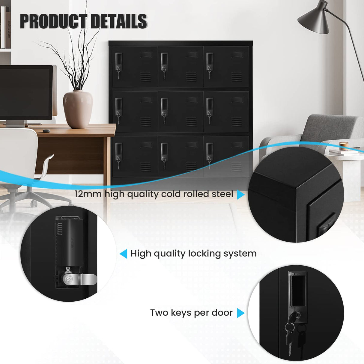 Greenvelly 9 Door Storage Locker for Employee, Metal Locker for Office, Gym, Shool, Lockable Black Steel Locker with Lock and Card Slot for Home,Garage Greenvelly