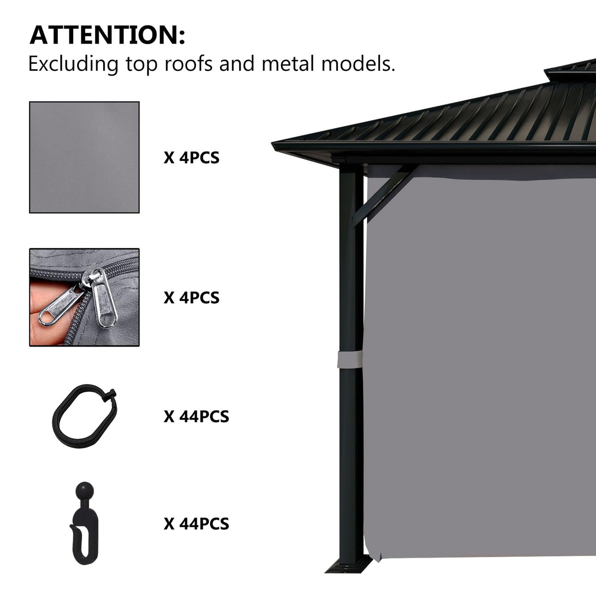 Aoodor 10' x 12' Gazebo Curtain Set Protecting Privacy Side Walls 4 Panels,Curtain Only (Grey) Aoodor