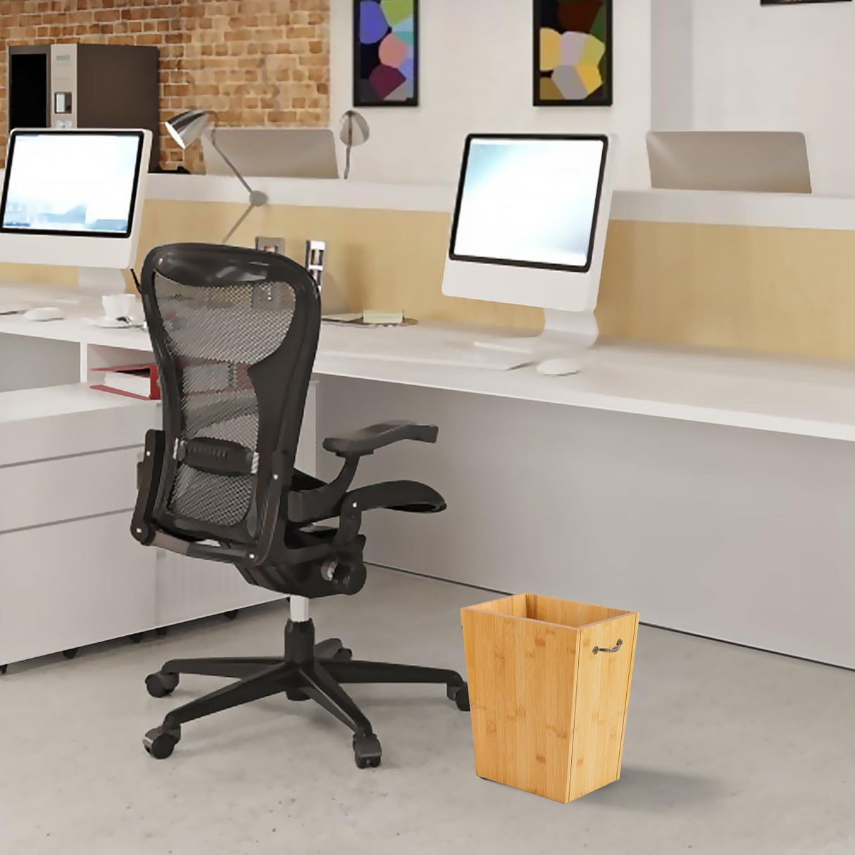 SEHERTIWY Wood Trash Can, Farmhouse Wastebasket Bin for Bathroom, Office, Bedroom, Living Room, Small Square Rustic Garbage Container with Metal Handle (Bamboo-Yellow-Handle) SEHERTIWY