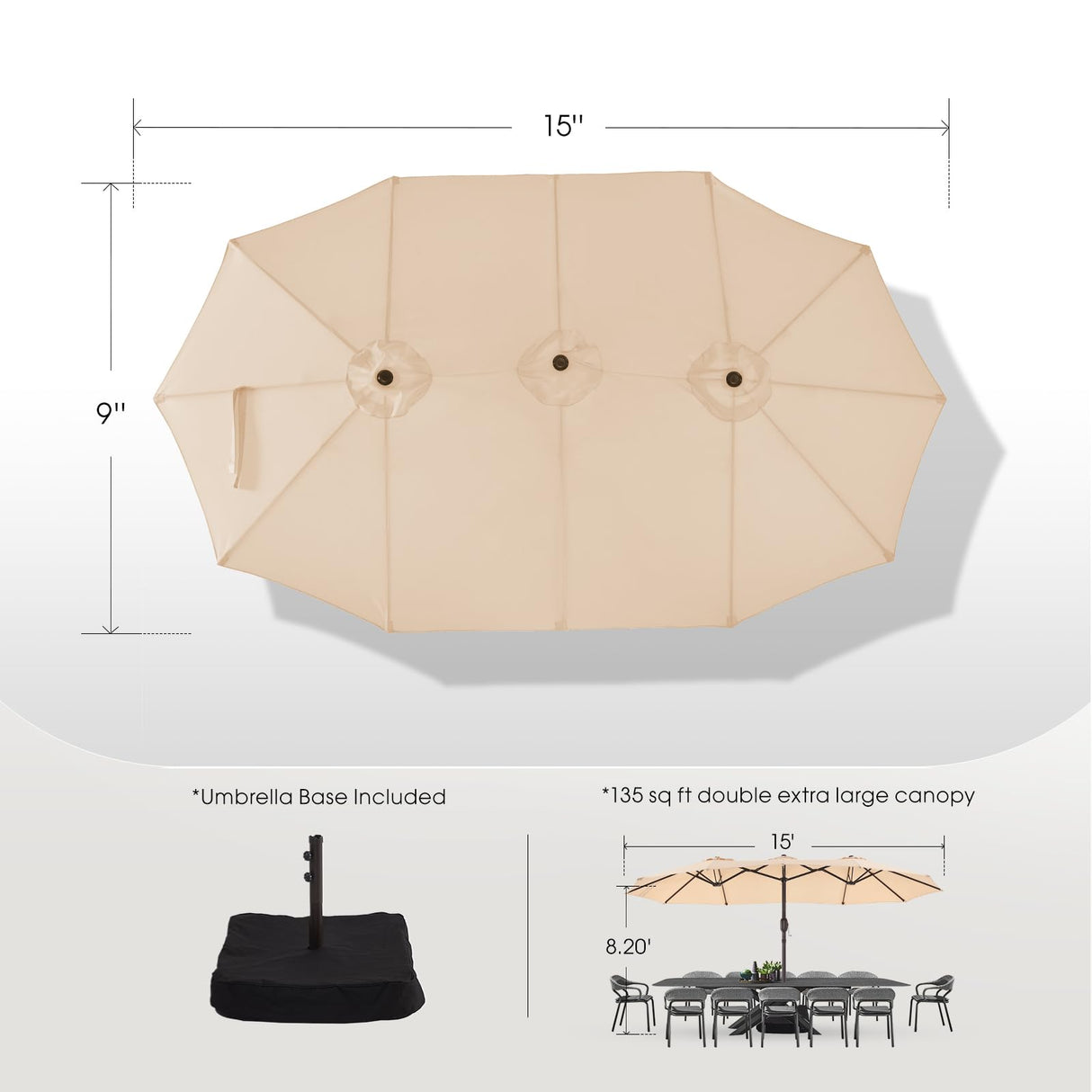 wikiwiki 15ft Large Patio Umbrellas with Base Included, Outdoor Double-Sided Umbrella with Crank Handle, Powerful UV Protective, for Pool Lawn Garden, Beige wikiwiki