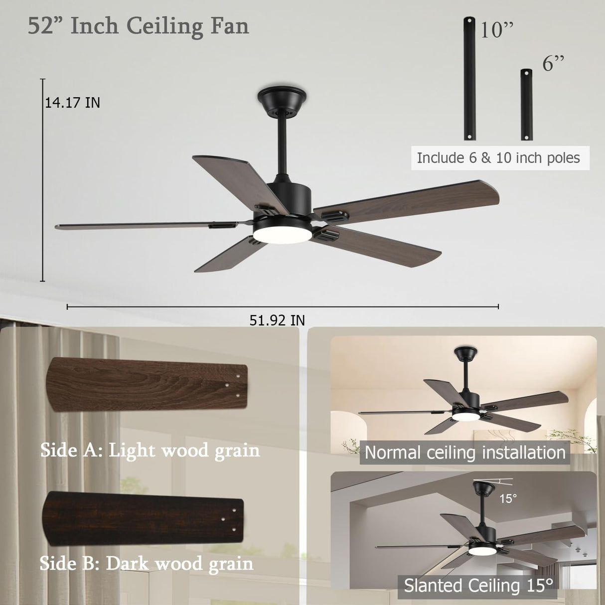 FUMLTP 52 inch Modern Ceiling Fans with Lights APP/Remote Control, Low Profile Reversible 6 Speeds Dimmable Ceiling Fan Light for Indoor/Outdoor Bedroom Living Room(Brown) FUMLTP