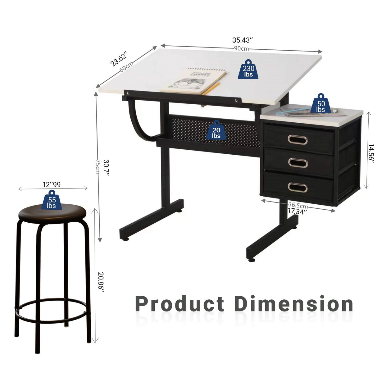 Art Table for Adults,Drafting Table, Adjustable Professional Art Drawing Table, Drawing Table with Stool and Tilting Tabletop, 3 Storage Drawers Craft Desk for Reading, Drawing, Office Use (Black) Doeqkue