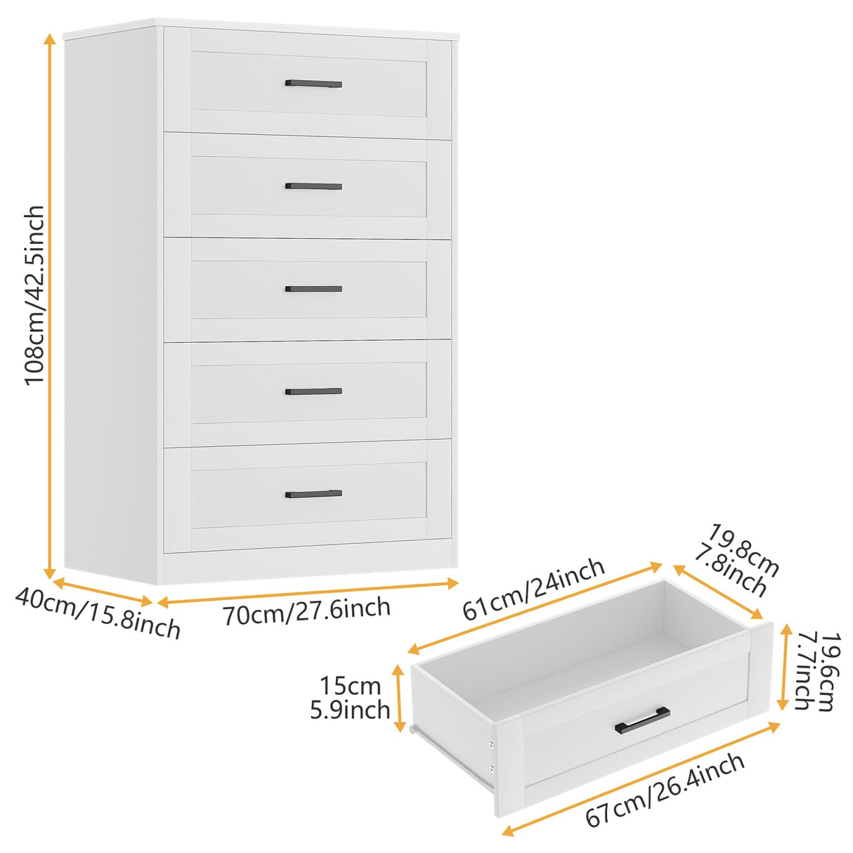 Frmobepts 5 Drawer Dresser for Bedroom, White Dresser with Deep Drawers, Modern Tall Dresser Farmhouse Wooden Dresser Chest of Drawers for Living Room, Hallway, Entryway Frmobepts