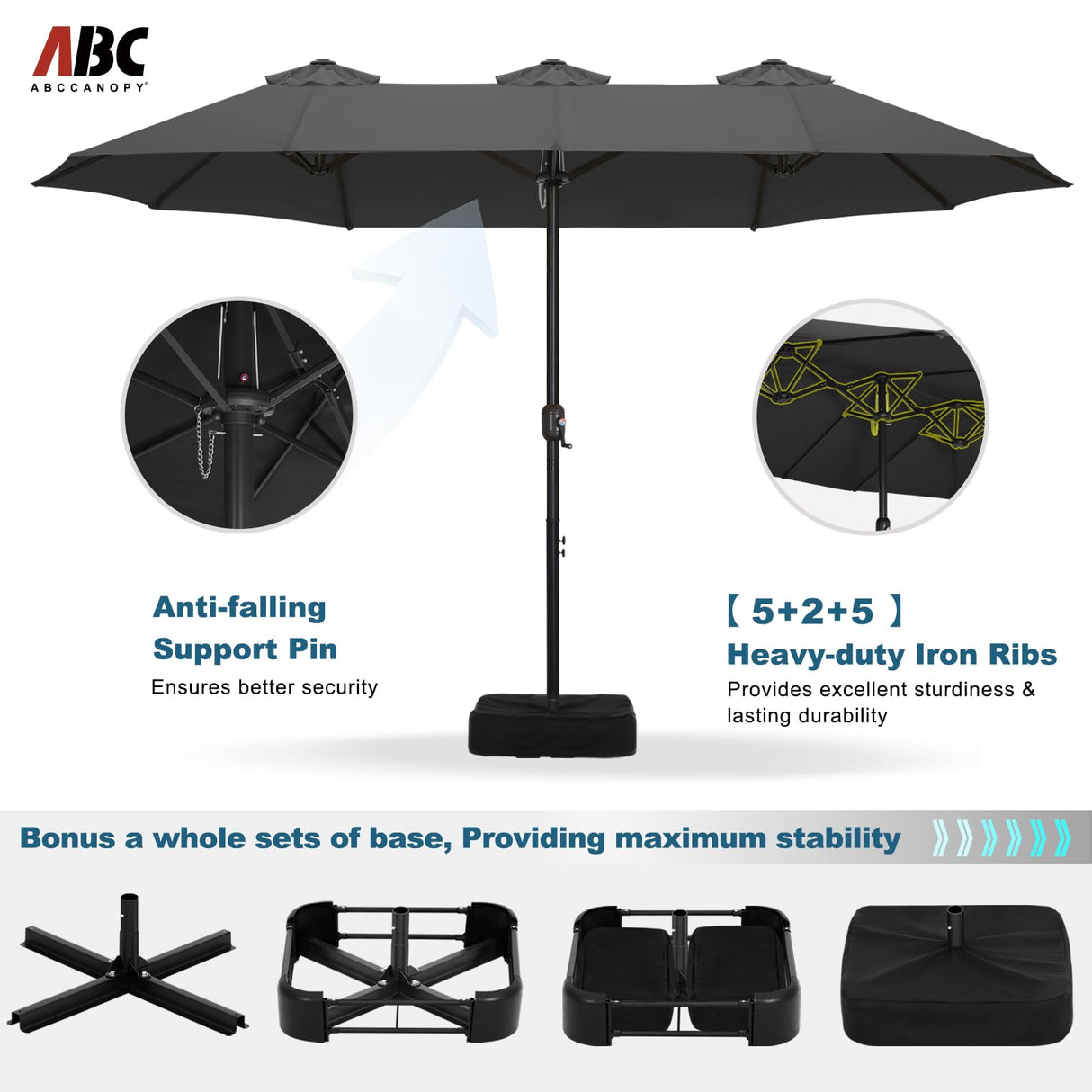 ABCCANOPY 15FT Double Sided Pool Umbrella with Base, Outdoor Porch Umbrella for Poolside, Lawn, Backyard (Dark Gray) ABCCANOPY