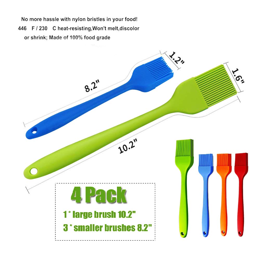 Grill Basting Brush Silicone Pastry Baking Brush BBQ Sauce Marinade Meat Glazing Oil Brush Heat Resistant, Kitchen Cooking Baste Pastries Cakes Desserts, Dishwasher Safe 4Pack iPstyle