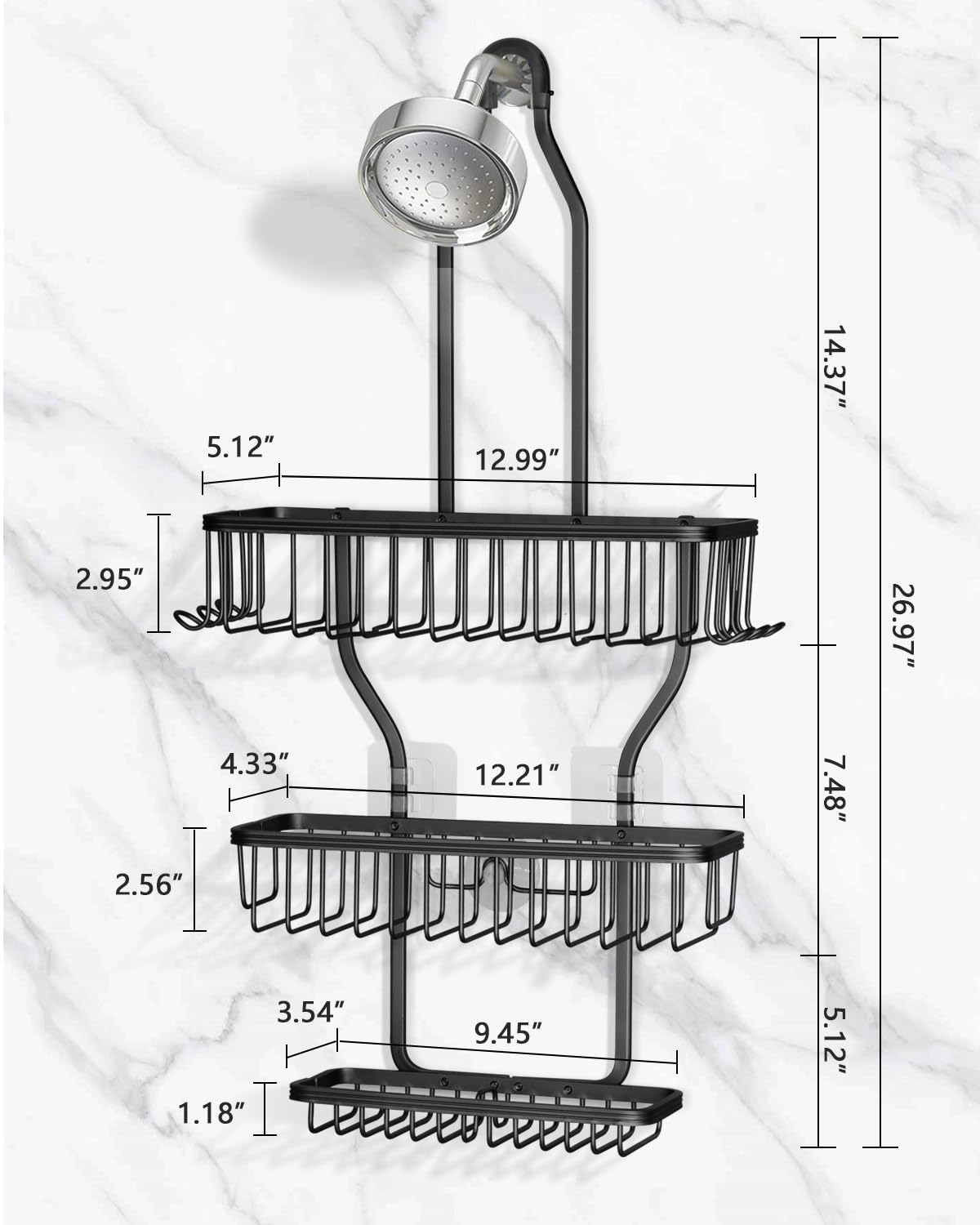 MSAICOE Shower Caddy Hanging - Never Rust Shower Hanging Organizer - Aluminum Over the ShowerHead Caddy with Soap Basket and 6 Hooks for Razor/Sponge (Black) MSAICOE