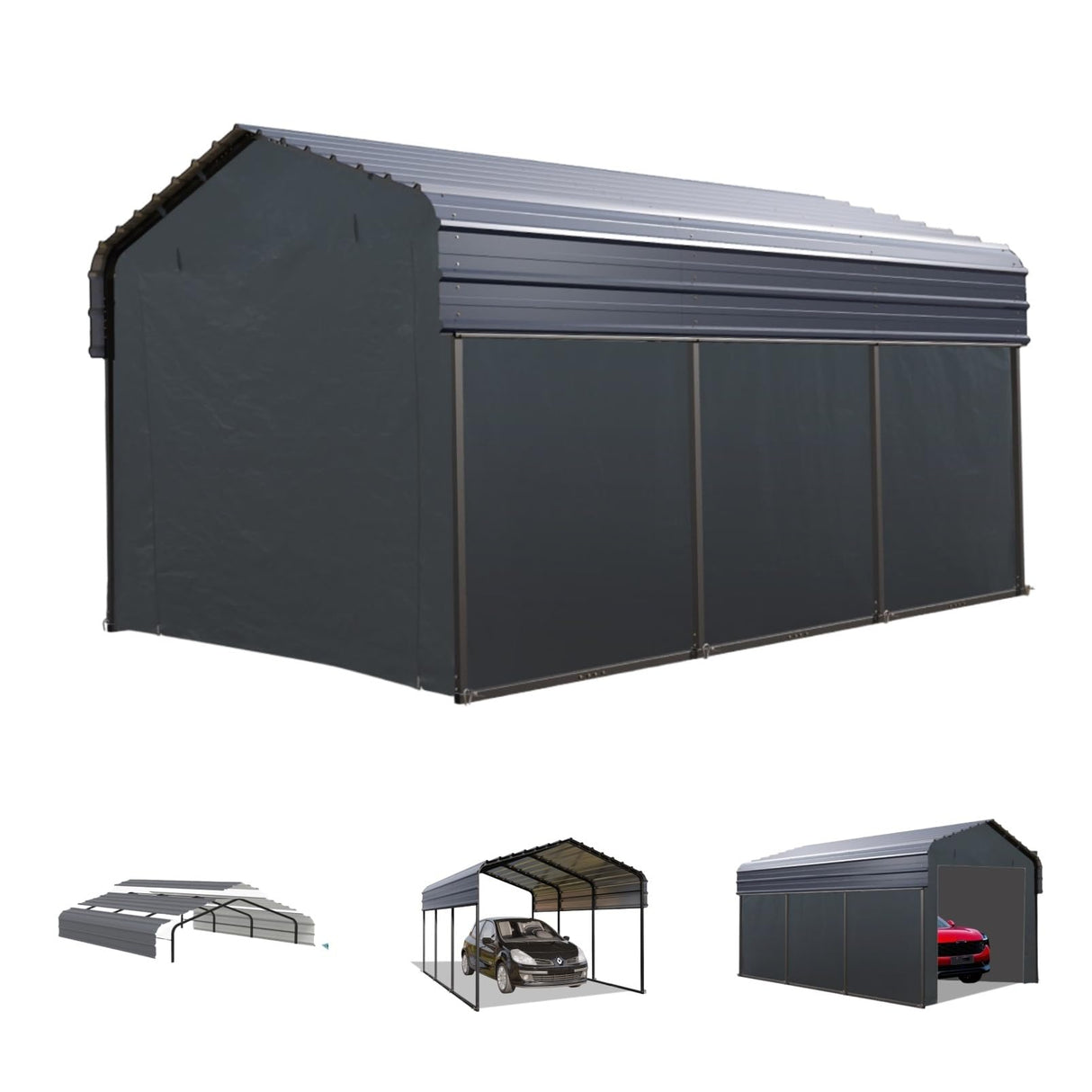 MFSTUDIO Carport 10x15 ft, Outdoor Heavy Duty Carports with Sidewalls, Metal Shed Canopy Shelters Garage Shelter Shade Car Ports with Galvanized Roof for Cars, Truck and Boats MFSTUDIO