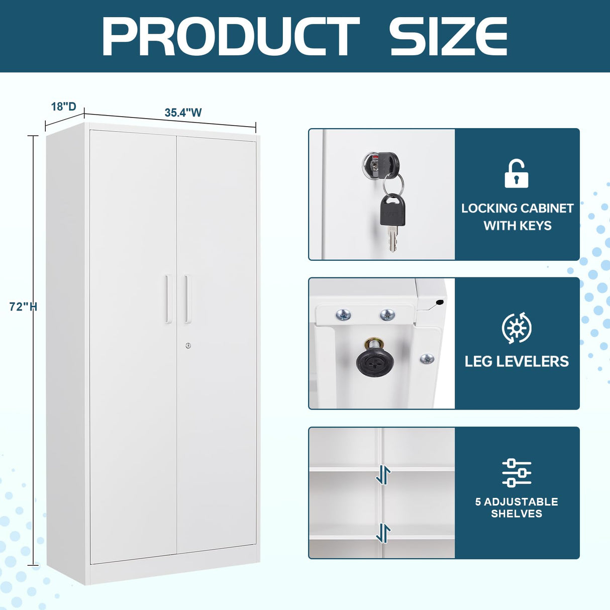 MIIIKO Storage Cabinet with Locking Doors, 72" White Metal 5-Shelf Cabinet, 36" Wide Snaplt Steel Cabinet for Home Office, Pantry, School… MIIIKO