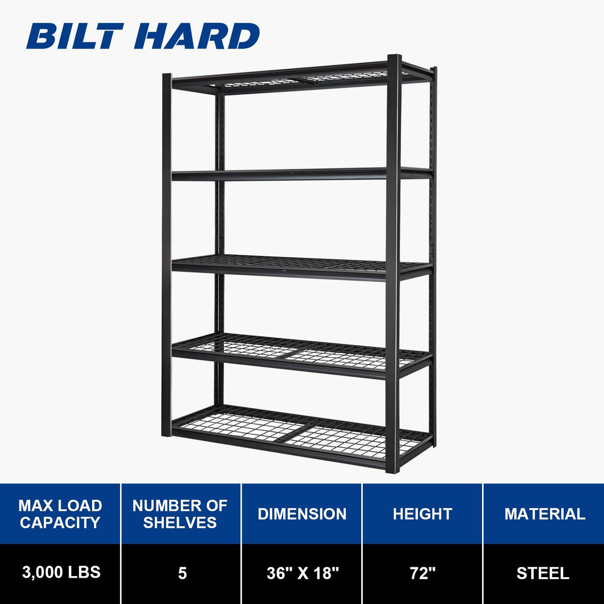 BILT HARD Garage Shelving 3000 LBS 36" W x 18" D x 72" H, Heavy Duty 5-Tier Metal Shelving Units with Adjustable Shelf, Steel Wire Utility Storage Shelves BILT HARD