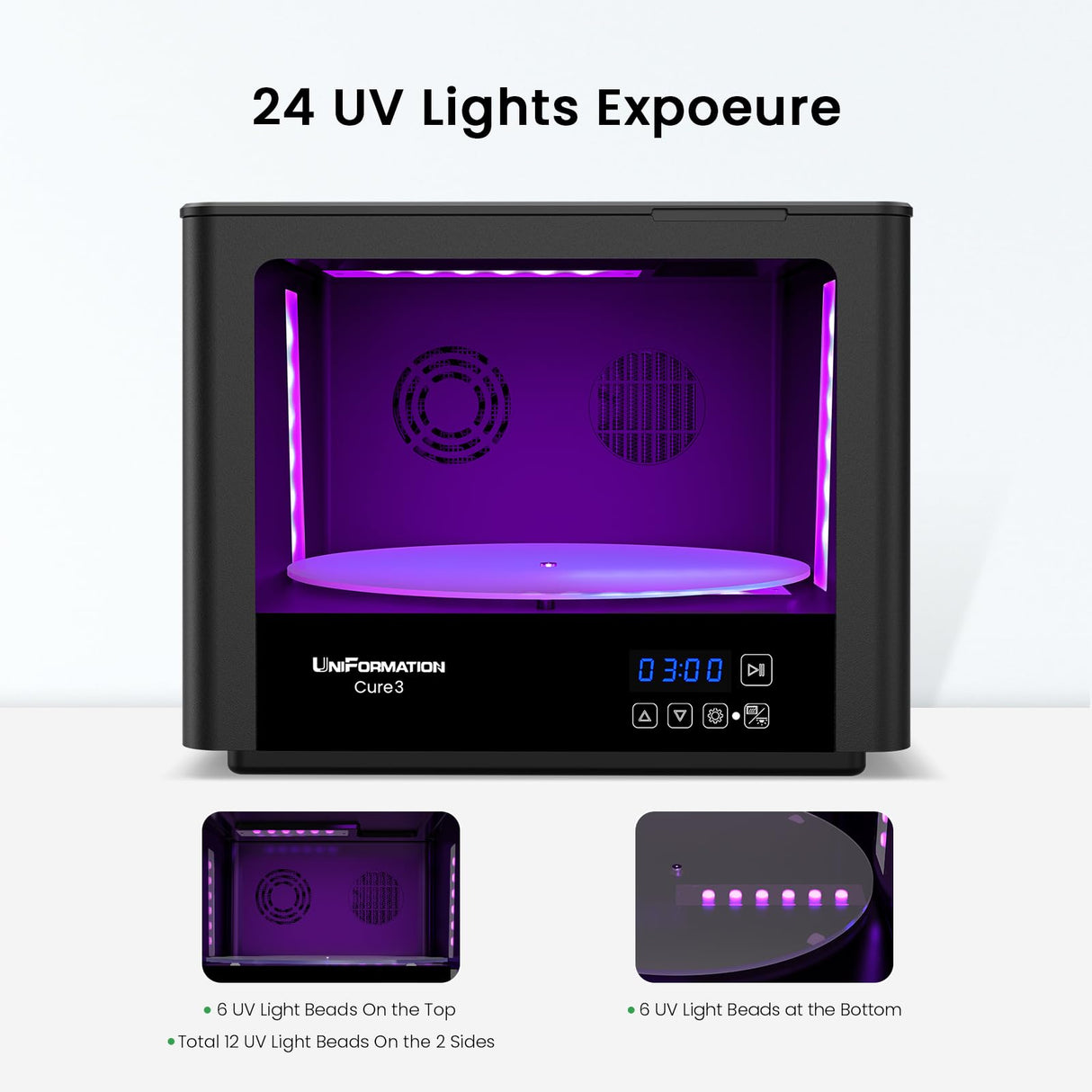 UniFormation Cure3 Curing Machine 405nm UV Resin Curing Station with 360° Turntable D282 x H162 mm Curing Box for GK3 Pro GK3 and Other Resin 3D Printers Within 10.3 inches Uniformation