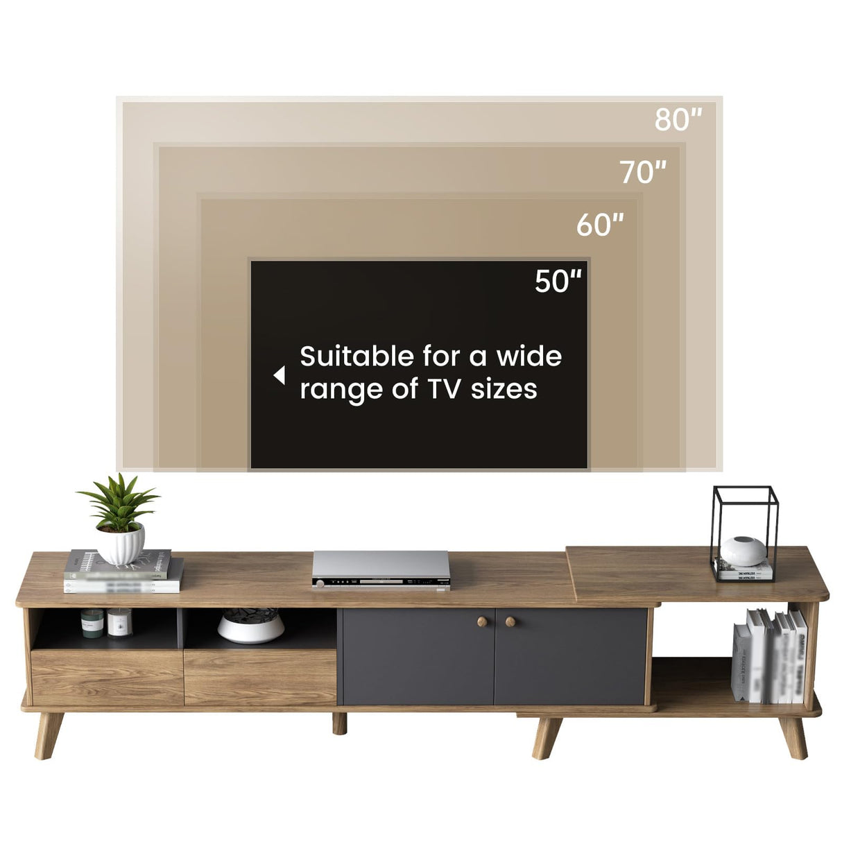 GlimBiz Extendable TV Stand, Mid Century Modern TV Stand for 55/60/65 inch TV, Farmhouse TV Stand, Entertainment Center with Storage, TV and Media Consol for Living Room GlimBiz