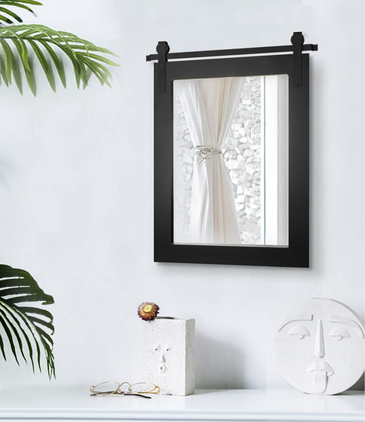 Toppay Farmhouse Wood Framed Wall Mirror Barn Door Rustic Mirrors for Wall (Black, 22 inches x28 inches ) Toppay