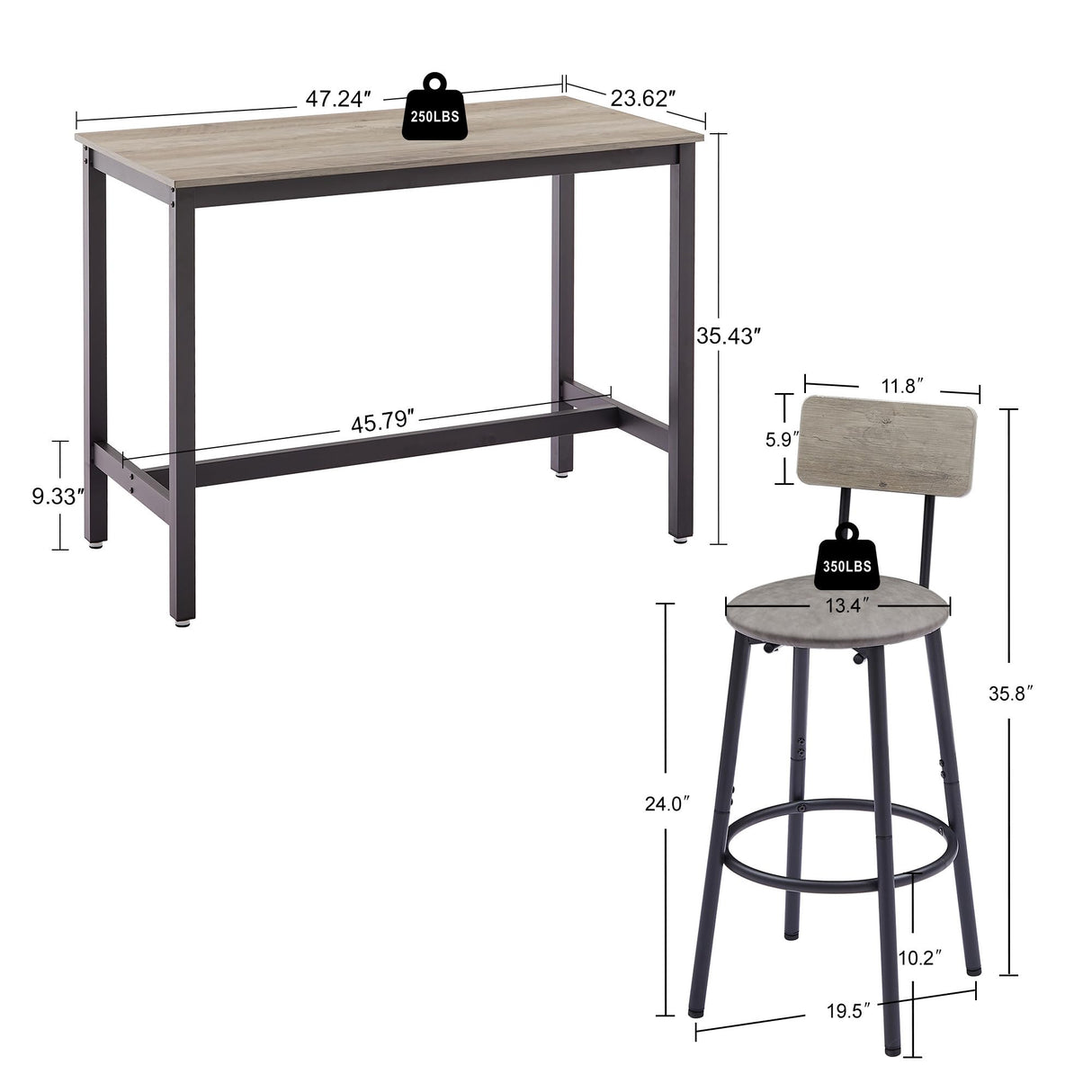 GLANZEND Industrial 5-Piece Counter Height Dining Set with PU Upholstered Stools - Grey GLANZEND