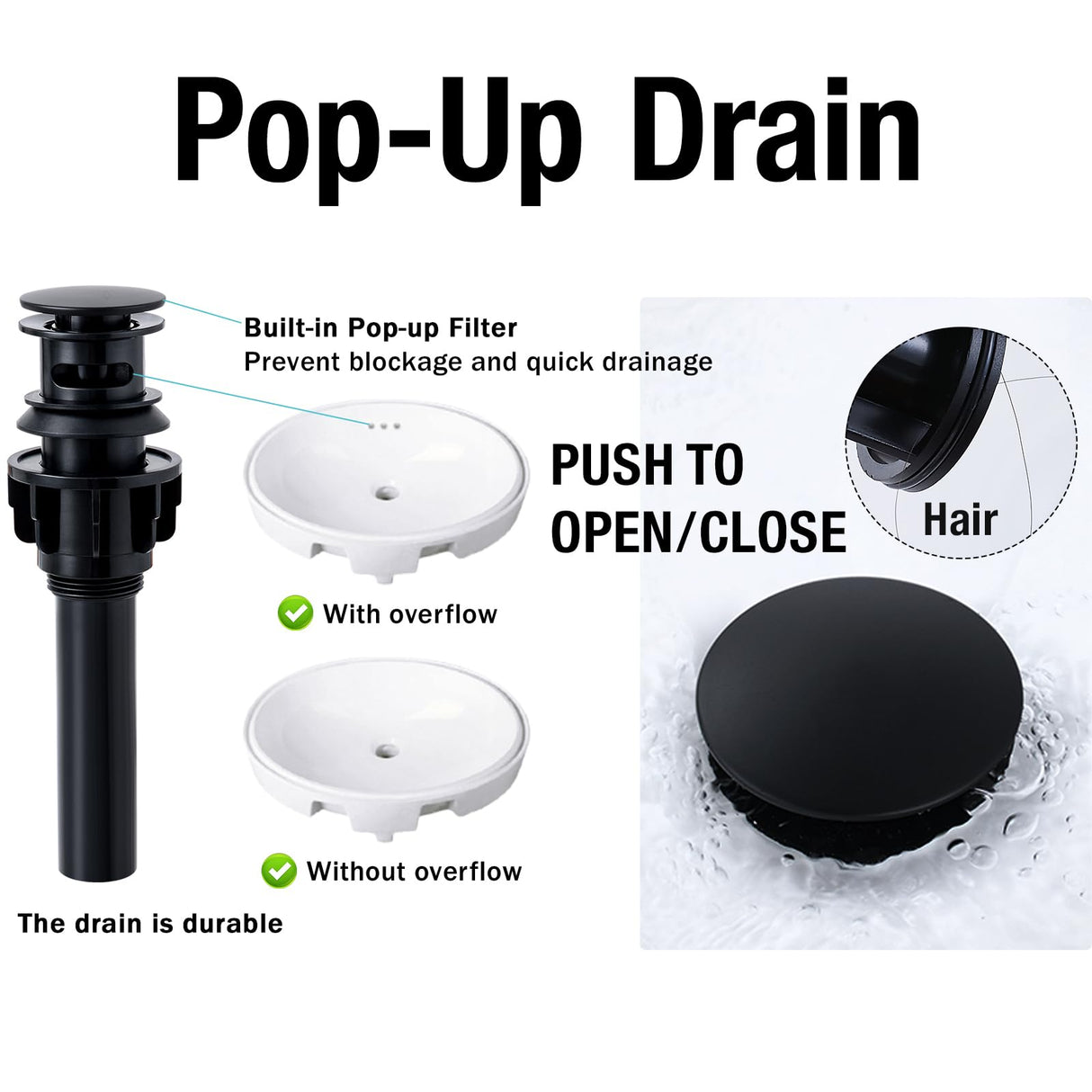 KZH Matte Black Bathroom Faucet 3 Hole, 8 inch Widespread Bathroom Faucet with Pop Up Drain, Bathroom Sink Faucet with 360° Swivel Spout, 2 Handle Vanity Faucet with Water Supply Hoses KZH