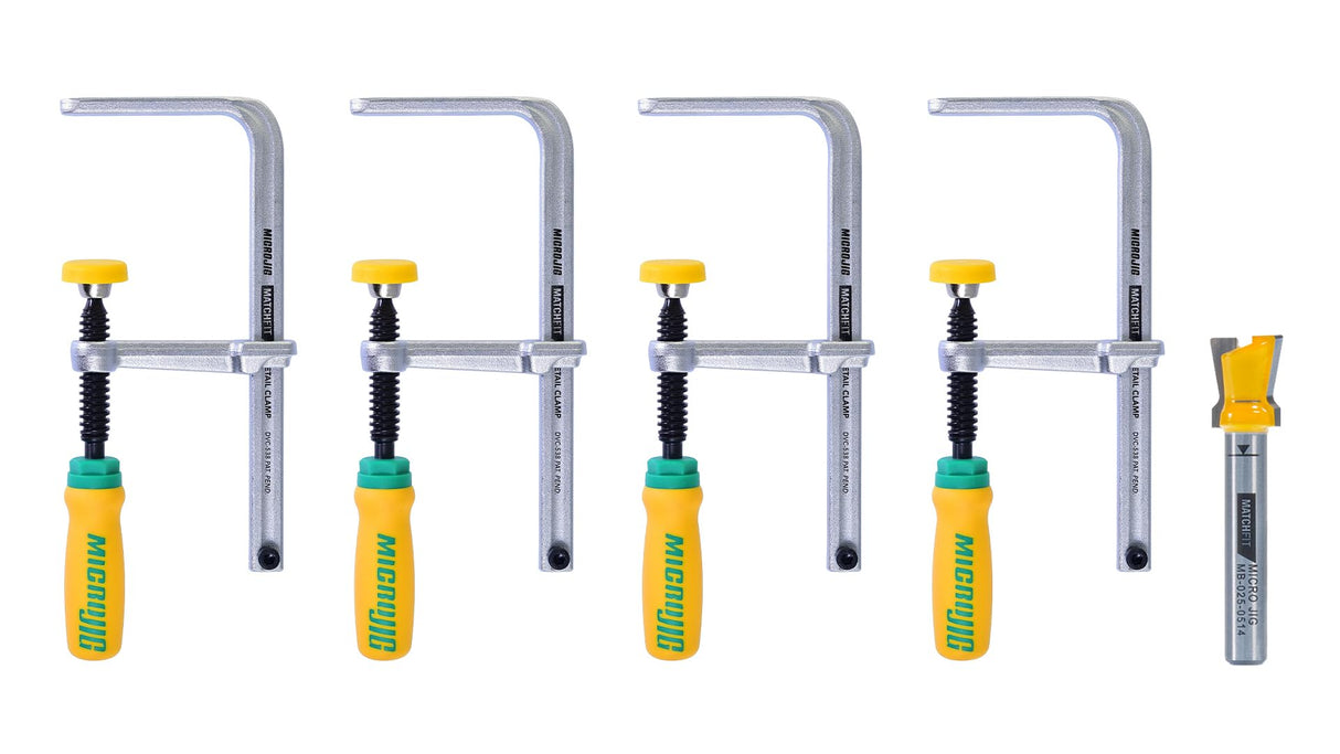 Micro Jig DVC-538MB-25 Matchfit Dovetail Clamps (4-Pack Exclusive) + Matchfit Dovetail Router Bit -1/4" Shank Bundle MICROJIG