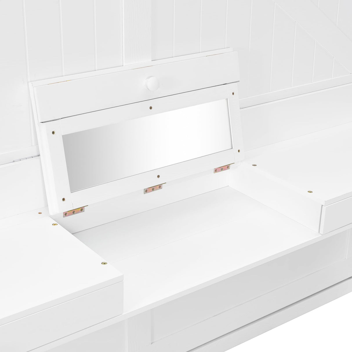 Merax Wall Murphy Bed with Storage, Foldable Cabinet Bed with Vanity Desk, Center Mirror & 2 Side Drawers, Queen Size, White Merax