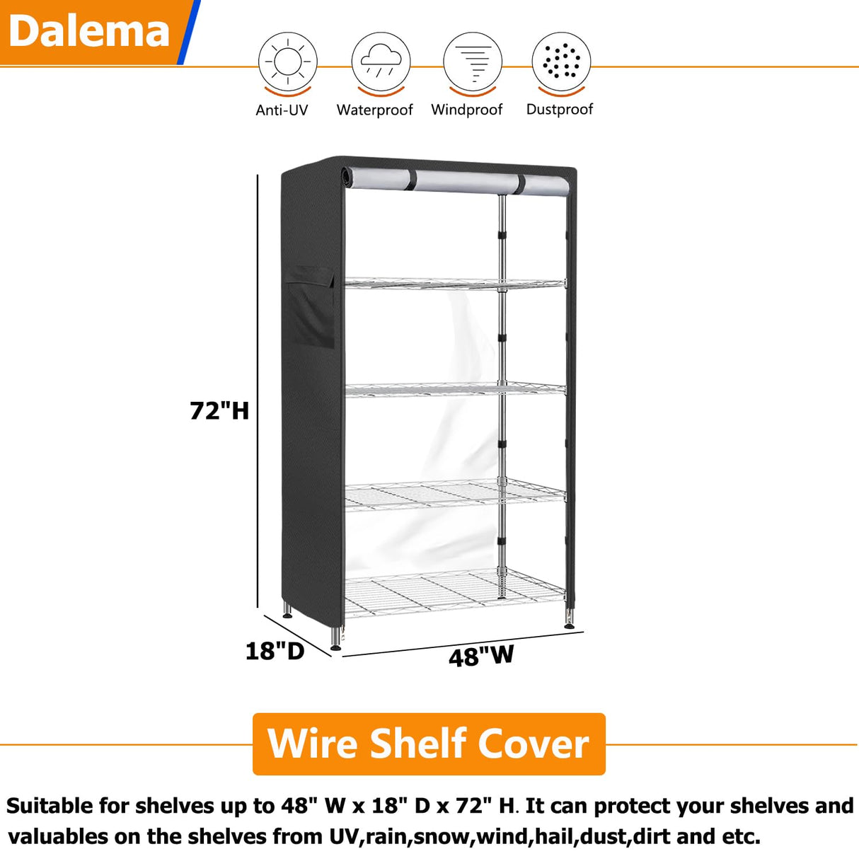 Dalema Waterproof Shelf Cover,600D Heavy Duty Dustproof Storage Wire Rack Covers,Outdoor Shelving Covers for Wire Shelves with Zipper 48''x18''x72'',Black,Cover Only Dalema