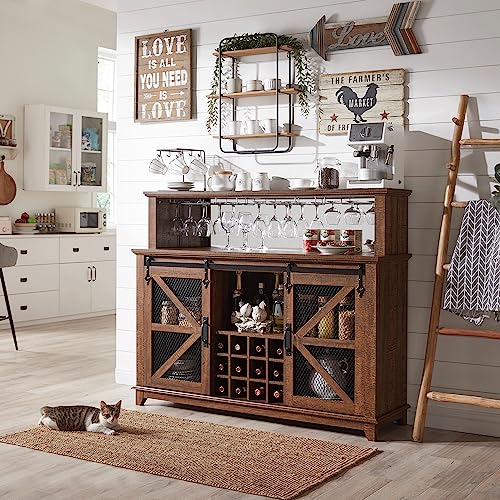 OKD Farmhouse Coffee Bar Cabinet with LED Lights, 55" Sideboard Buffet Table w/Sliding Barn Door & Wine and Glass Rack, Home Liquor Bar w/Storage Shelves for Dining Room,Reclaimed Barnwood OKD