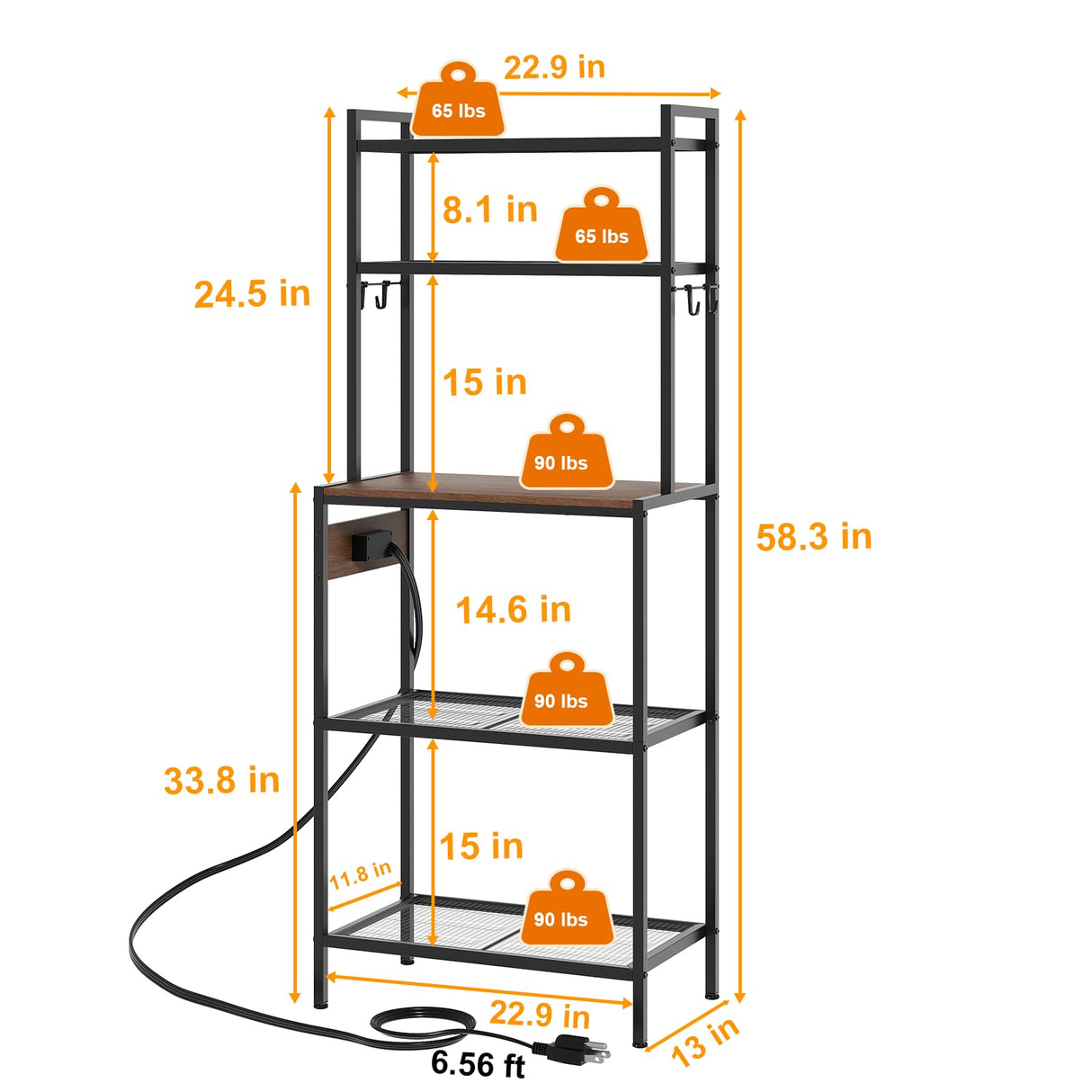 Roxibelt S1 Kitchen Bakers Rack with Power Outlet, Microwave Stand with Storage 5-Tiers, Freestanding Coffee Bar Table with 4 Hooks, Kitchen Storage Shelf 13" D x 22.9" W x 58.3" H, Rustic Brown Roxibelt