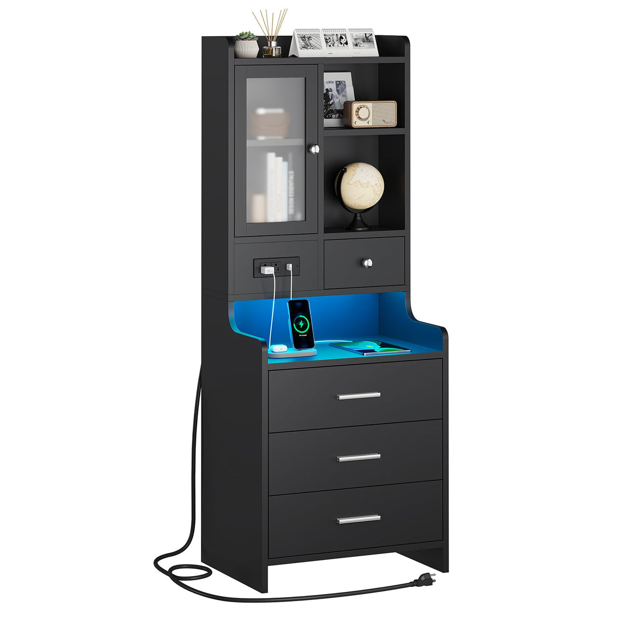 ADORNEVE Tall Night Stand with Charging Station and LED Lights,49.2" Nightstand with Bookshelf, Black Bedside Table with Drawers,End Side Table for Bedrooms ADORNEVE