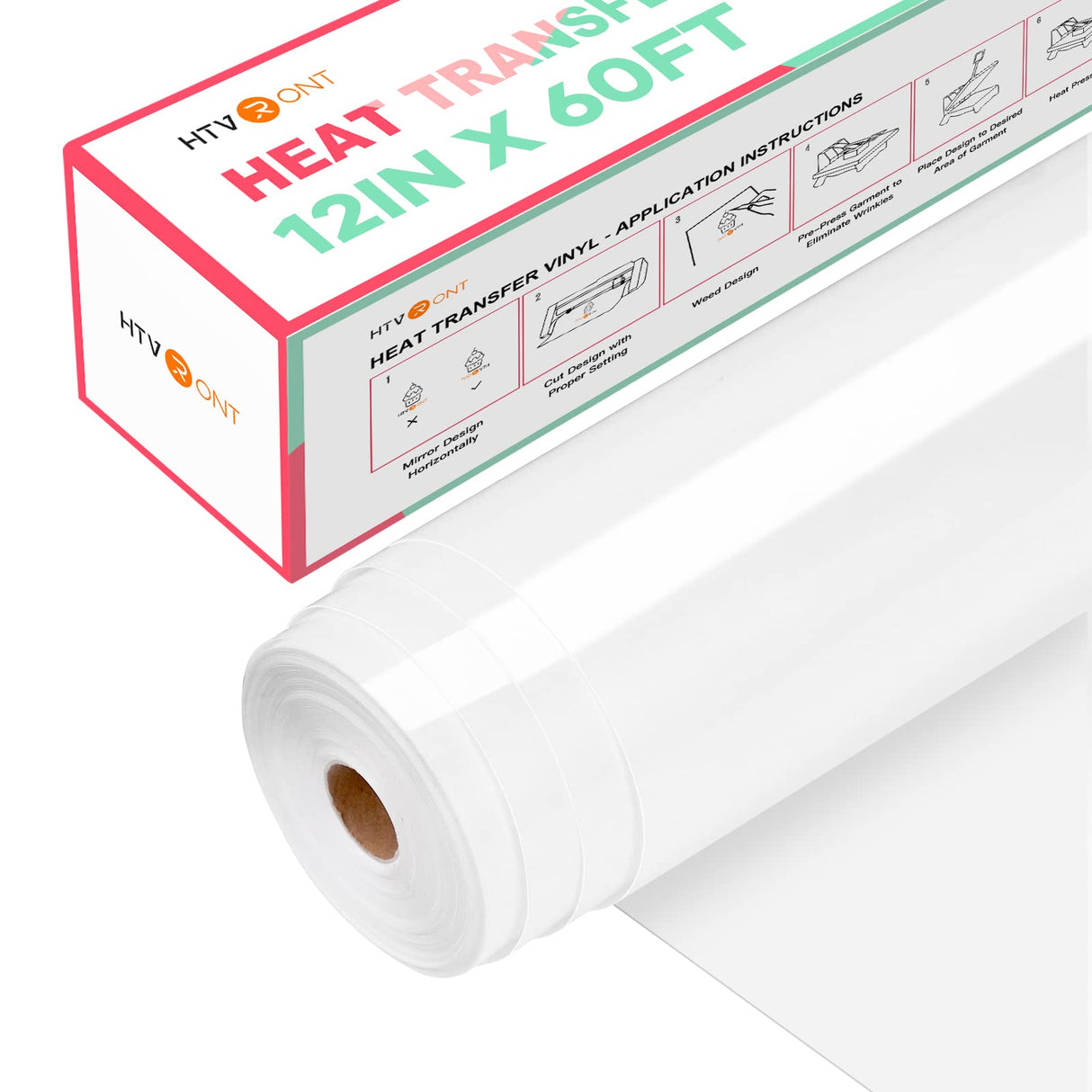 HTVRONT Heat Transfer Vinyl White Iron on Vinyl-12 x 60FT White HTV Vinyl Roll Easy to Cut & Weed for Heat Vinyl Design (White) HTVRONT