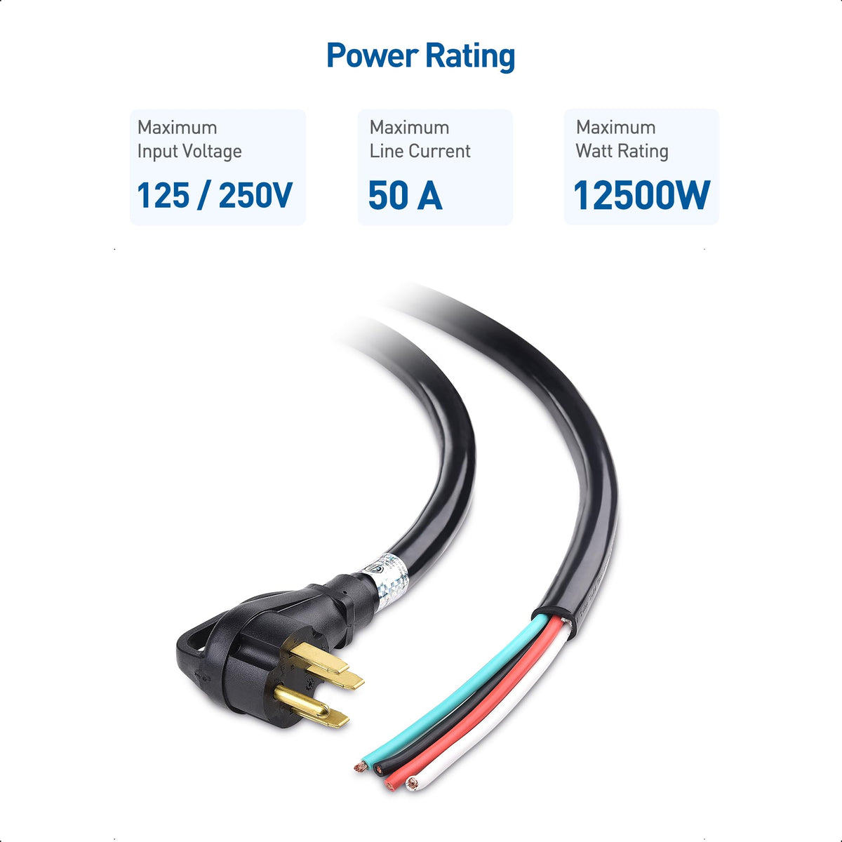 Cable Matters 4 Prong Replacement 50 AMP RV Power Cord 10 ft, 6/8 AWG, Generator Extension Cord/Generator Power Cord, Compatible with Tesla Charger/EV Charger / J1772 Charger (NEMA 14-50P to 4 Wire) Cable Matters
