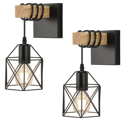 foucasal Wall Sconces Set of 2, Farmhouse Wall Mount Lighting, Black Vanity Lights Fixture for Bathroom with Metal Cage Shade, Wood Rustic Wall Lamp for Hallway, Living Room, Mirror, Bedroom