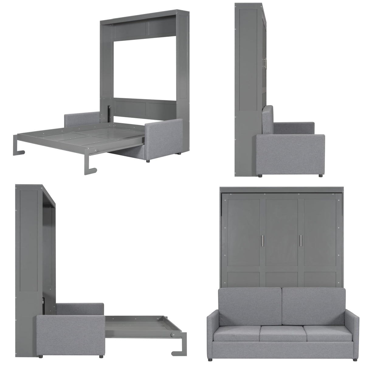 Merax Queen Size Murphy Bed, Foldable Cube Cabinet Platform Bedframe with Sofa, Wooden Slat Support for Guest Room, Study, Office, Grey Merax