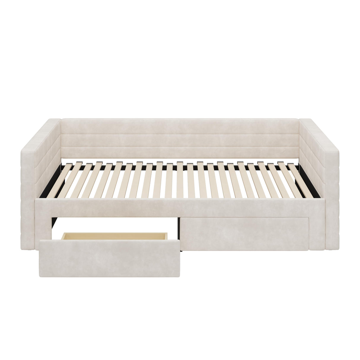 Twin Size Upholstered Extendable Daybed Frame with Trundle, Space-Saving Twin to King Design, Chenille Fabric Sofa Bed with Storage Drawers for Living Room Guest Room, Beige Merax