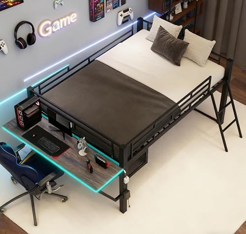 Bellemave Full Loft Bed with Desk, Gaming mid loft Bed with Desk, LED for Adults, Teens, Kids, Black Bellemave